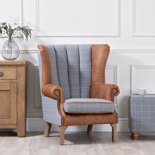 Ernie Fluted Wing Chair in Leather & Wool - Grey Check