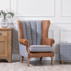 Ernie Fluted Wing Chair in Leather & Wool - Grey Check