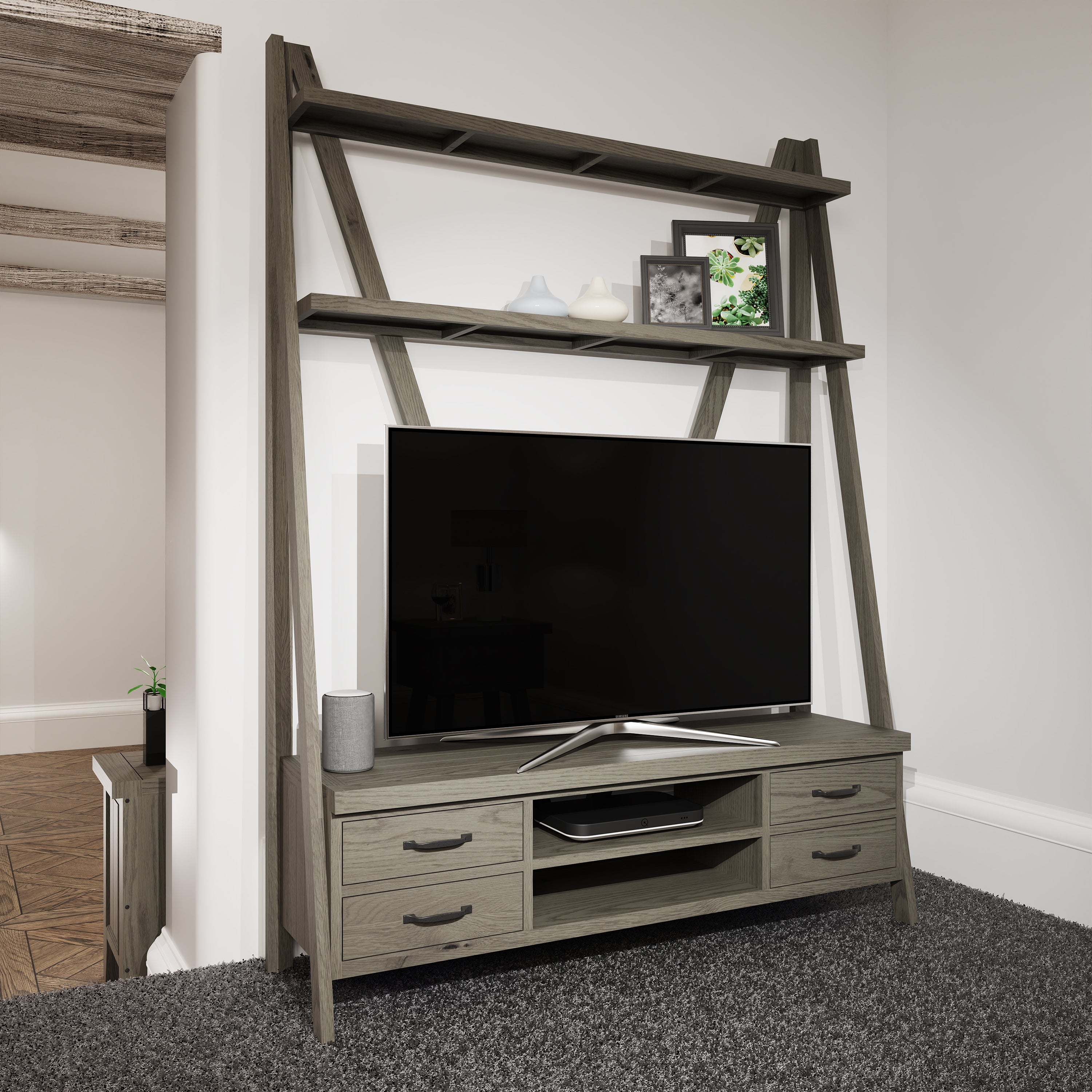 Suffolk Grey Oak - Leaner Bookcase TV Unit