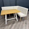 Montgomery Corner Dining Bench Set with Backs, PLUS Earlham Fixed Dining Table in White with Oak Top - Left Hand Facing