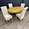 Harmony Round Single Pedestal Extending Dining Table - Pewter PLUS X4 New Trimpley Natural Fabric Scroll Back Dining Chair