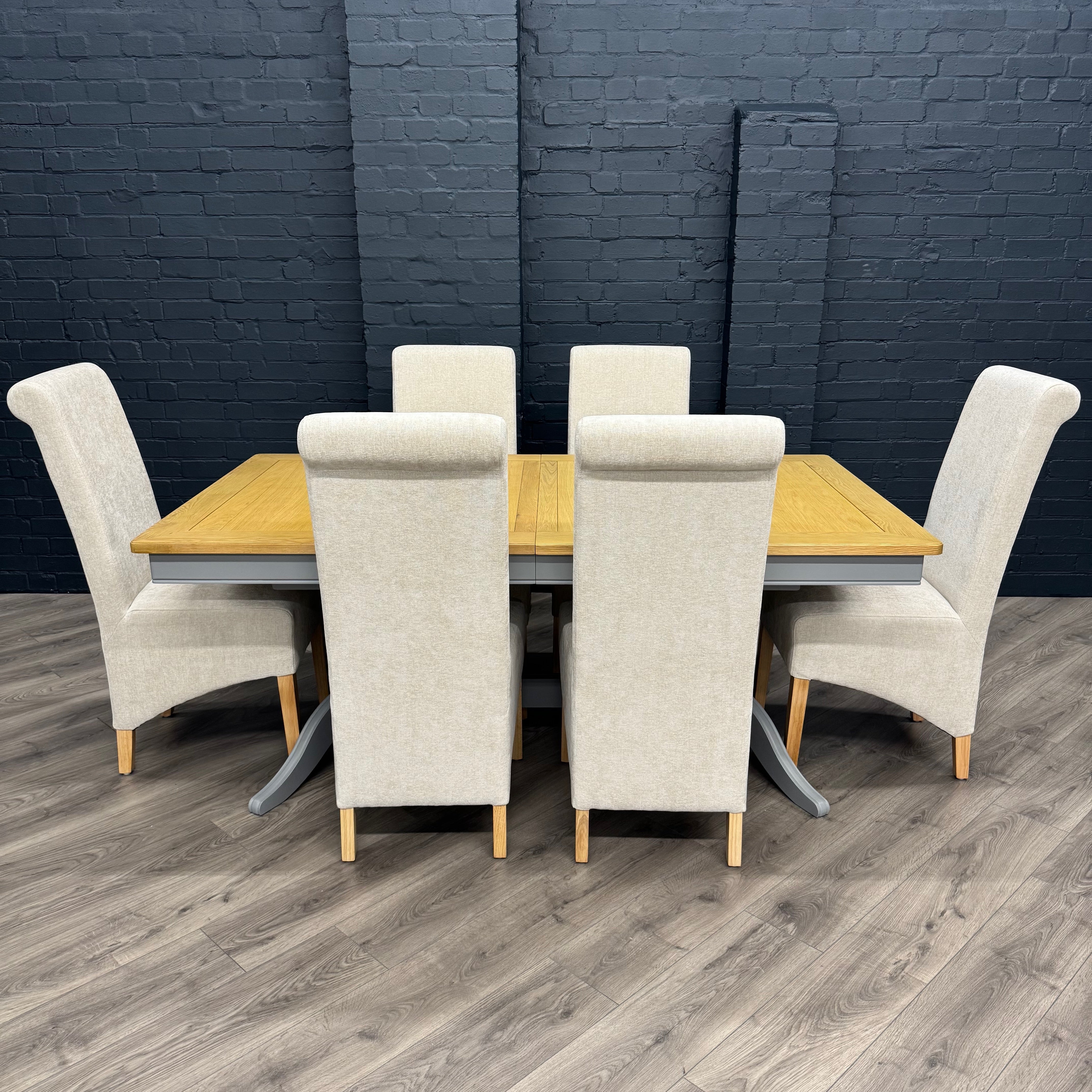 Harmony Twin Pedestal Ext Dining Table 180 to 220 - Pewter PLUS X6 New Trimpley Natural Fabric Scroll Back Dining Chairs