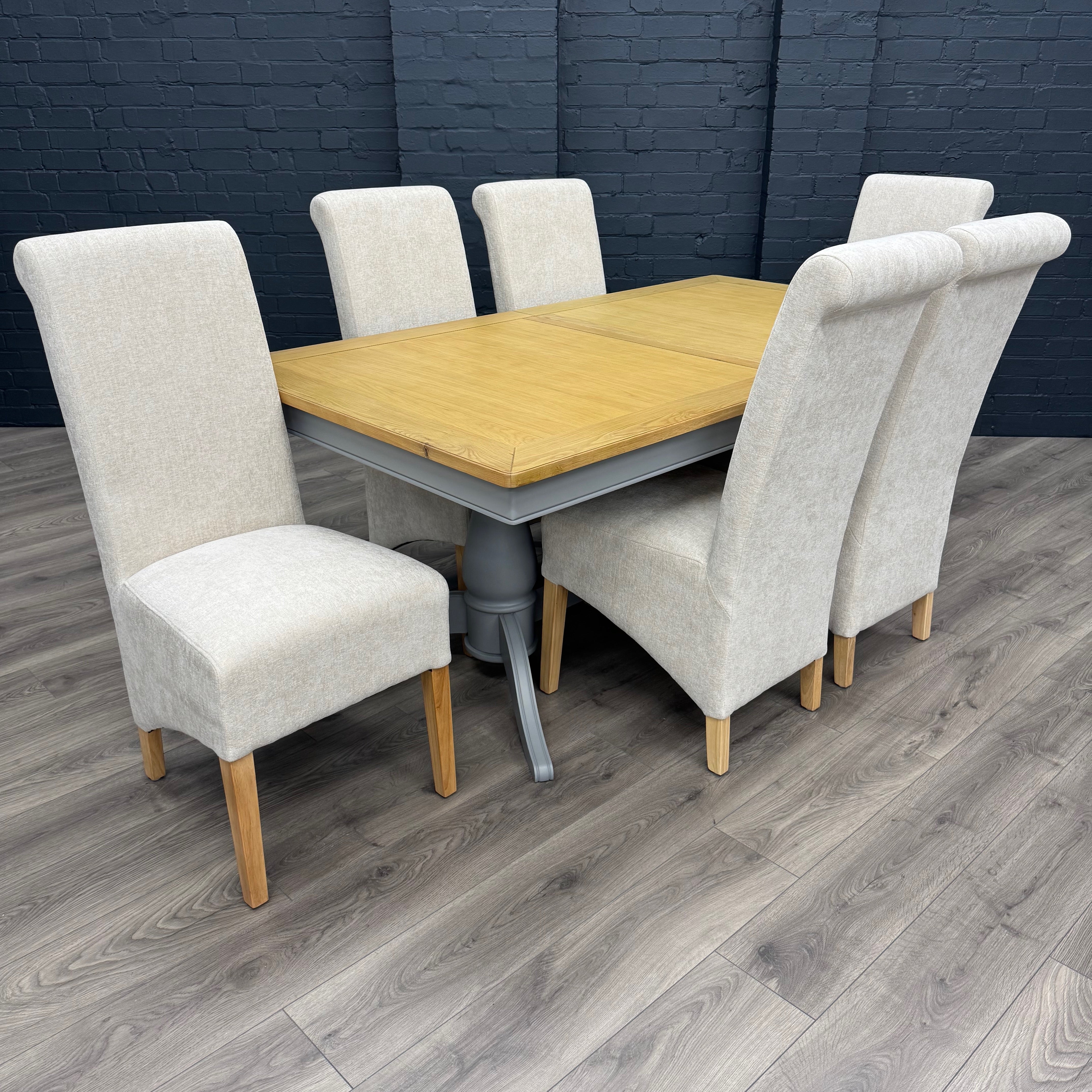 Harmony Twin Pedestal Ext Dining Table 180 to 220 - Pewter PLUS X6 New Trimpley Natural Fabric Scroll Back Dining Chairs