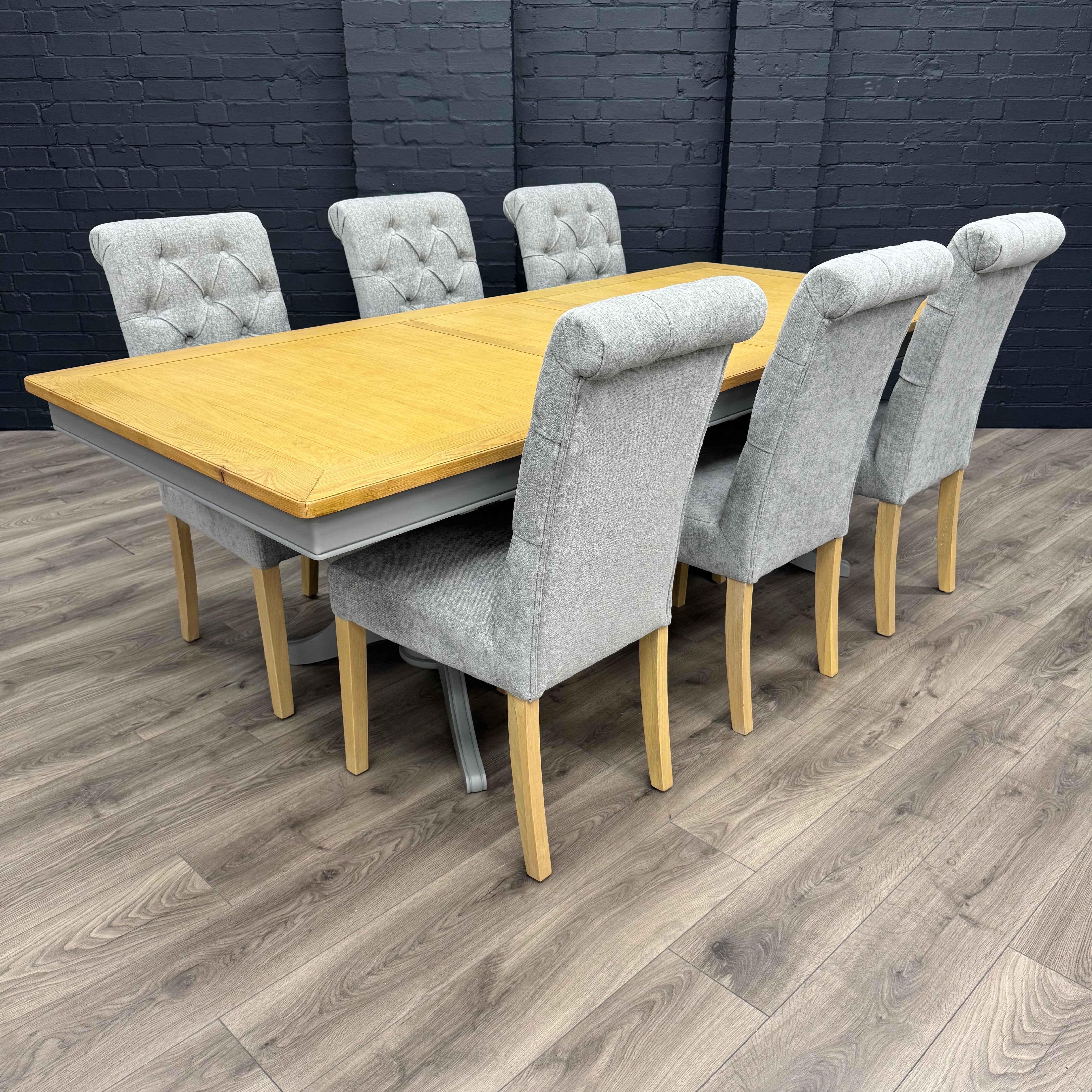 Harmony Twin Pedestal Ext Dining Table 180 to 220 - Pewter PLUS X6 Martley Grey Fabric Scroll Top, Button Back Dining Chairs