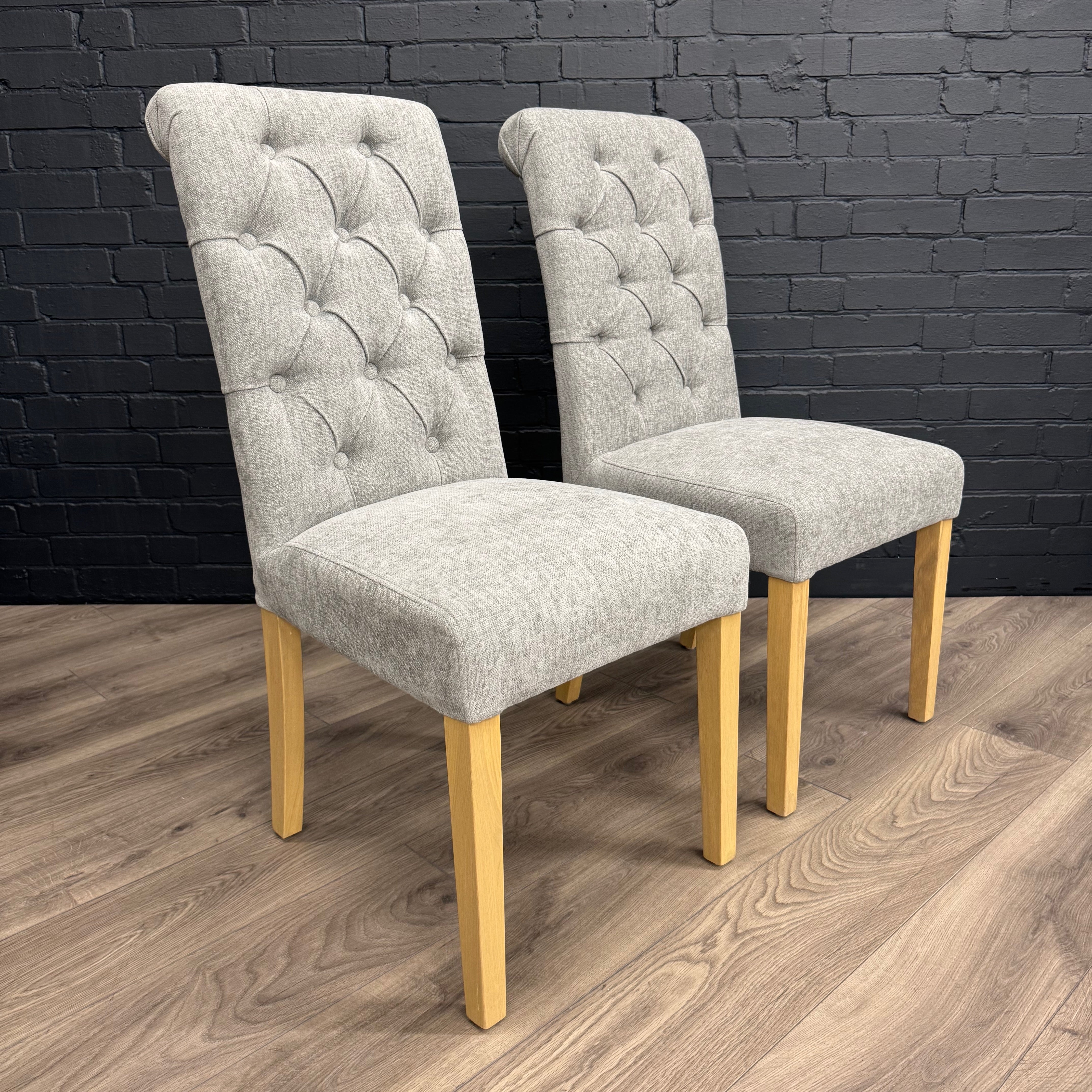 Harmony Twin Pedestal Ext Dining Table 180 to 220 - Pewter PLUS X6 Martley Grey Fabric Scroll Top, Button Back Dining Chairs