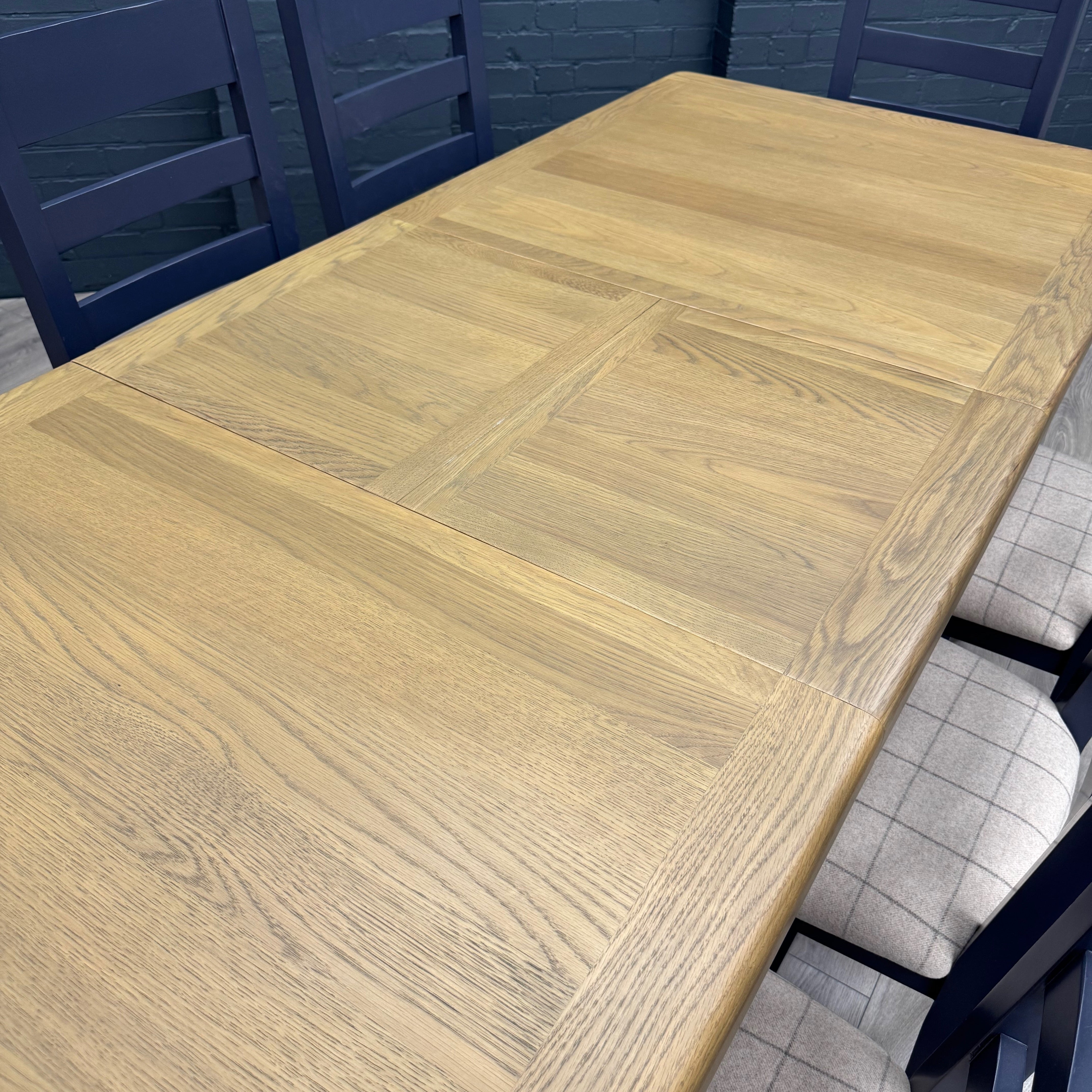 Norfolk Oak & Blue Painted Dining Table - 1.8m Butterfly Extending Table PLUS X8 Norfolk Oak & Blue Painted Ladder Back Natural Check Seat Dining Chairs