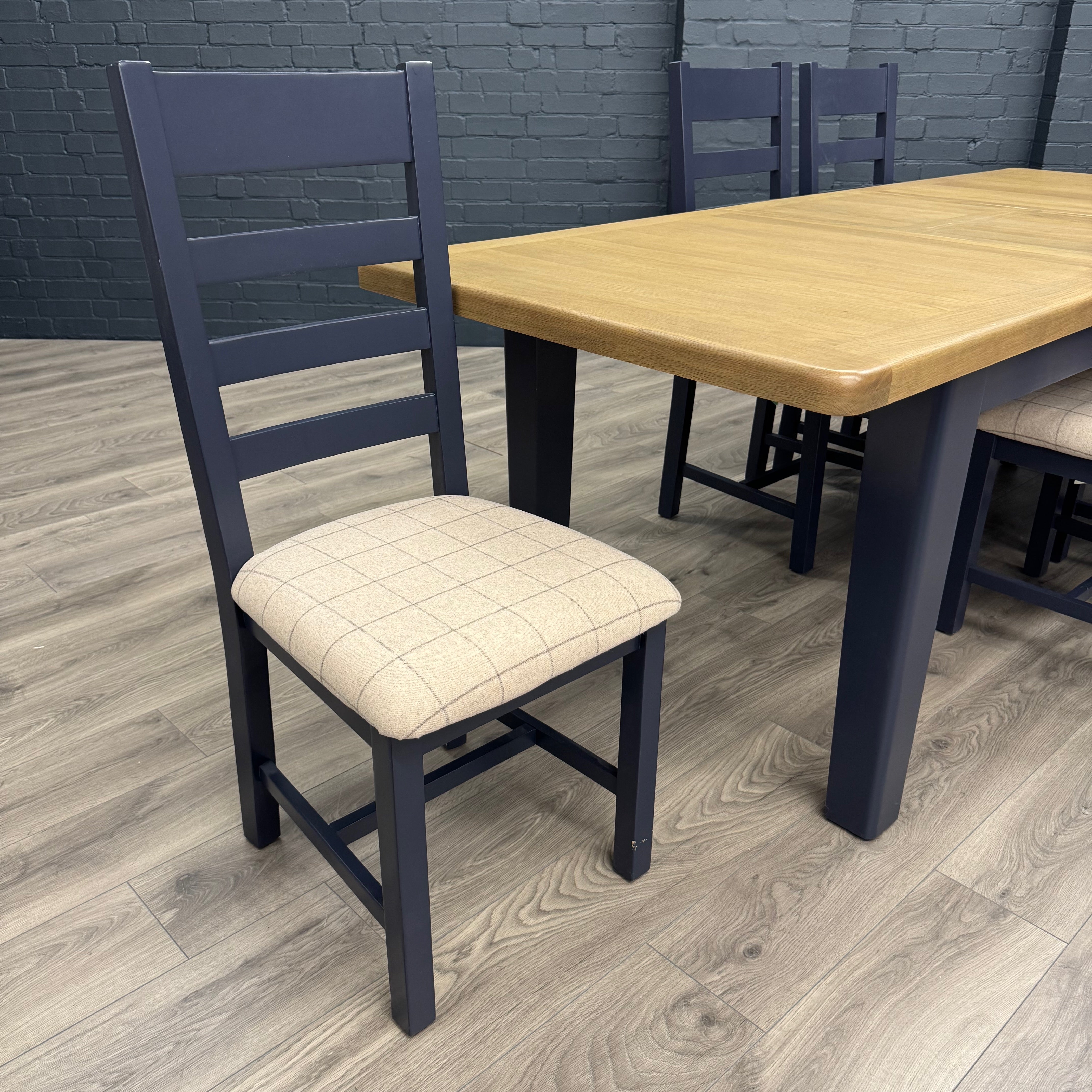 Norfolk Oak & Blue Painted Dining Table - 1.8m Butterfly Extending Table PLUS X6 Norfolk Oak & Blue Painted Ladder Back Natural Check Seat Dining Chairs