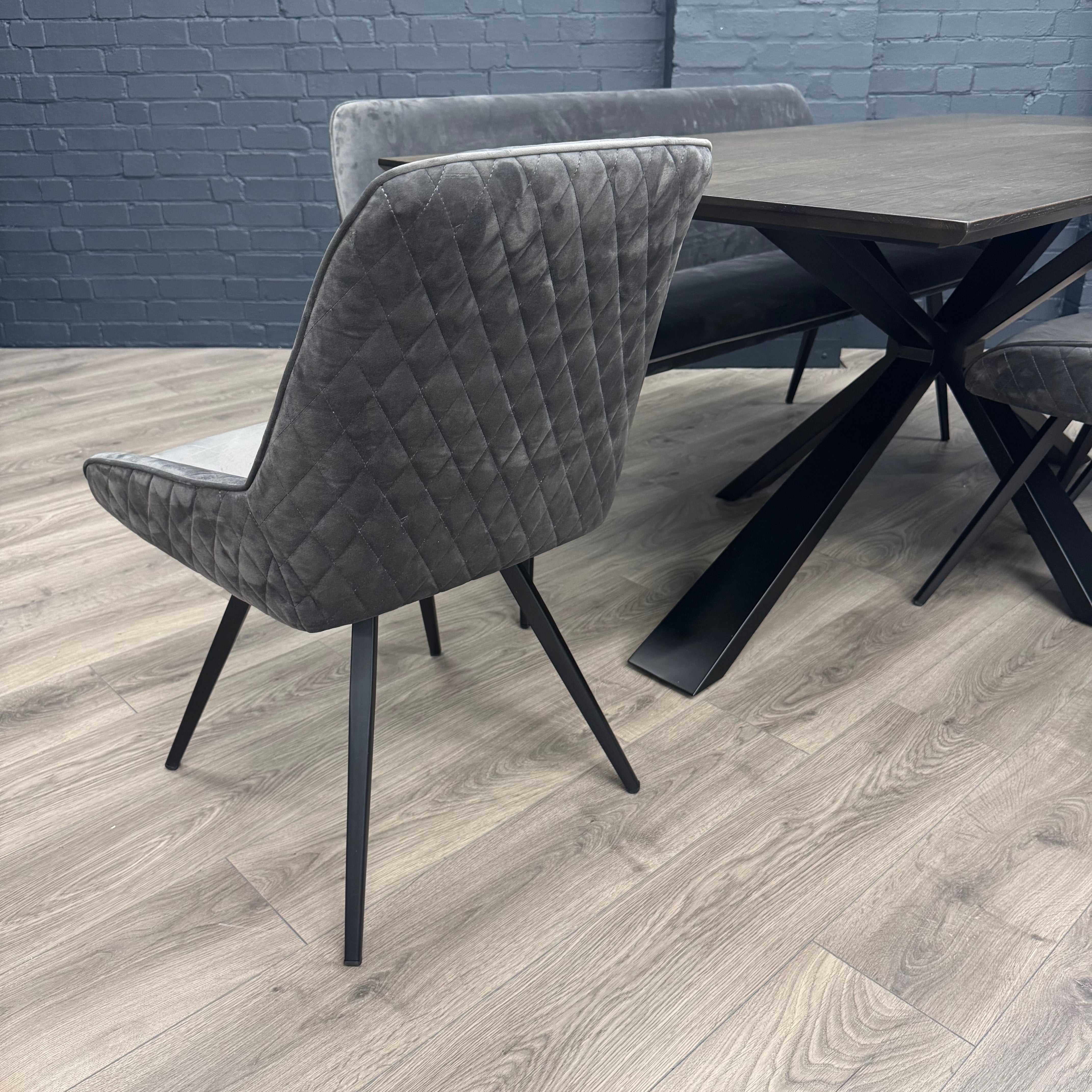 Stamford Dining Table With Metal Base - 180cm Fixed Top PLUS X1 Stamford Grey Velvet Bench & X3 Stamford Grey Velvet Dining Chairs
