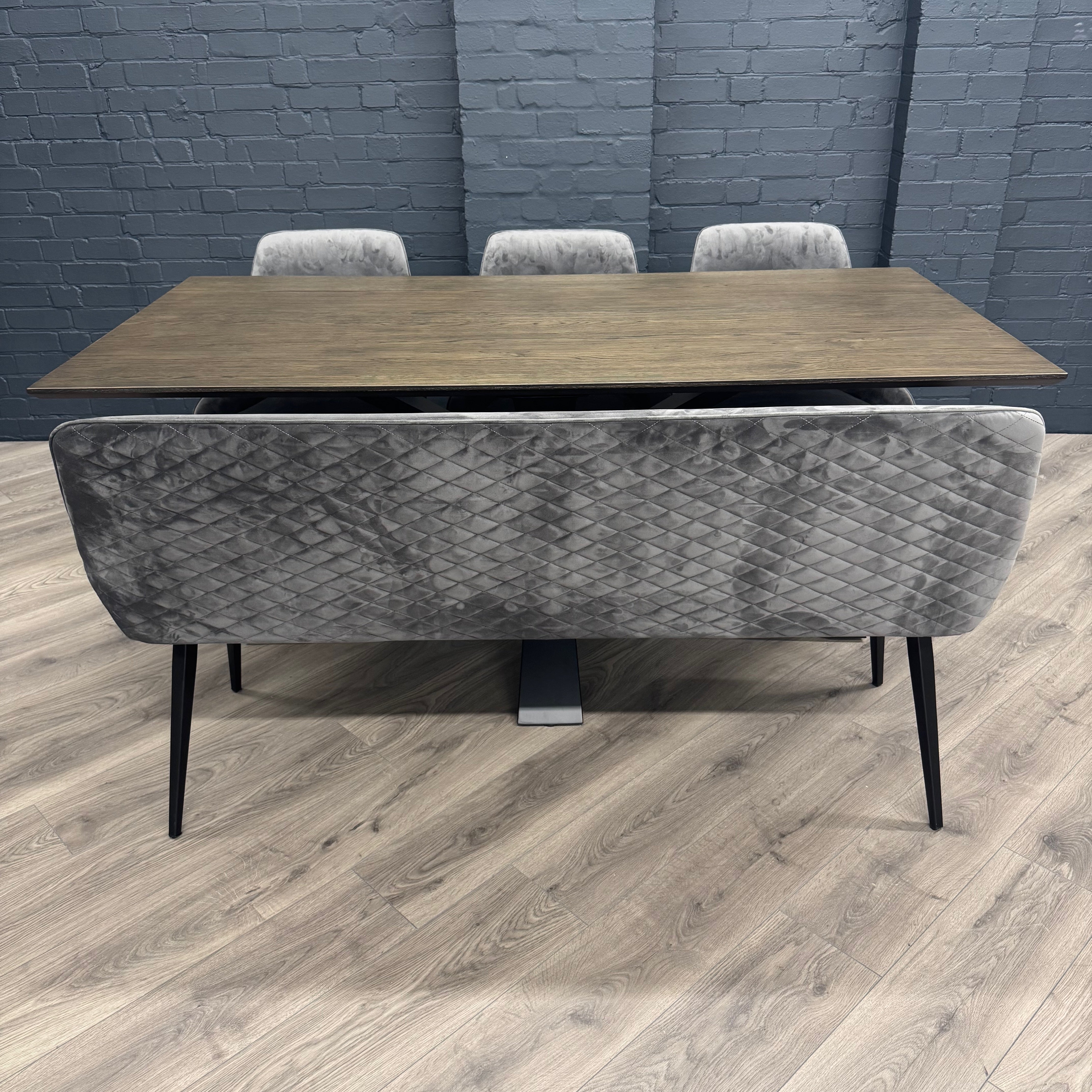 Stamford Dining Table With Metal Base - 180cm Fixed Top PLUS X1 Stamford Grey Velvet Bench & X3 Stamford Grey Velvet Dining Chairs