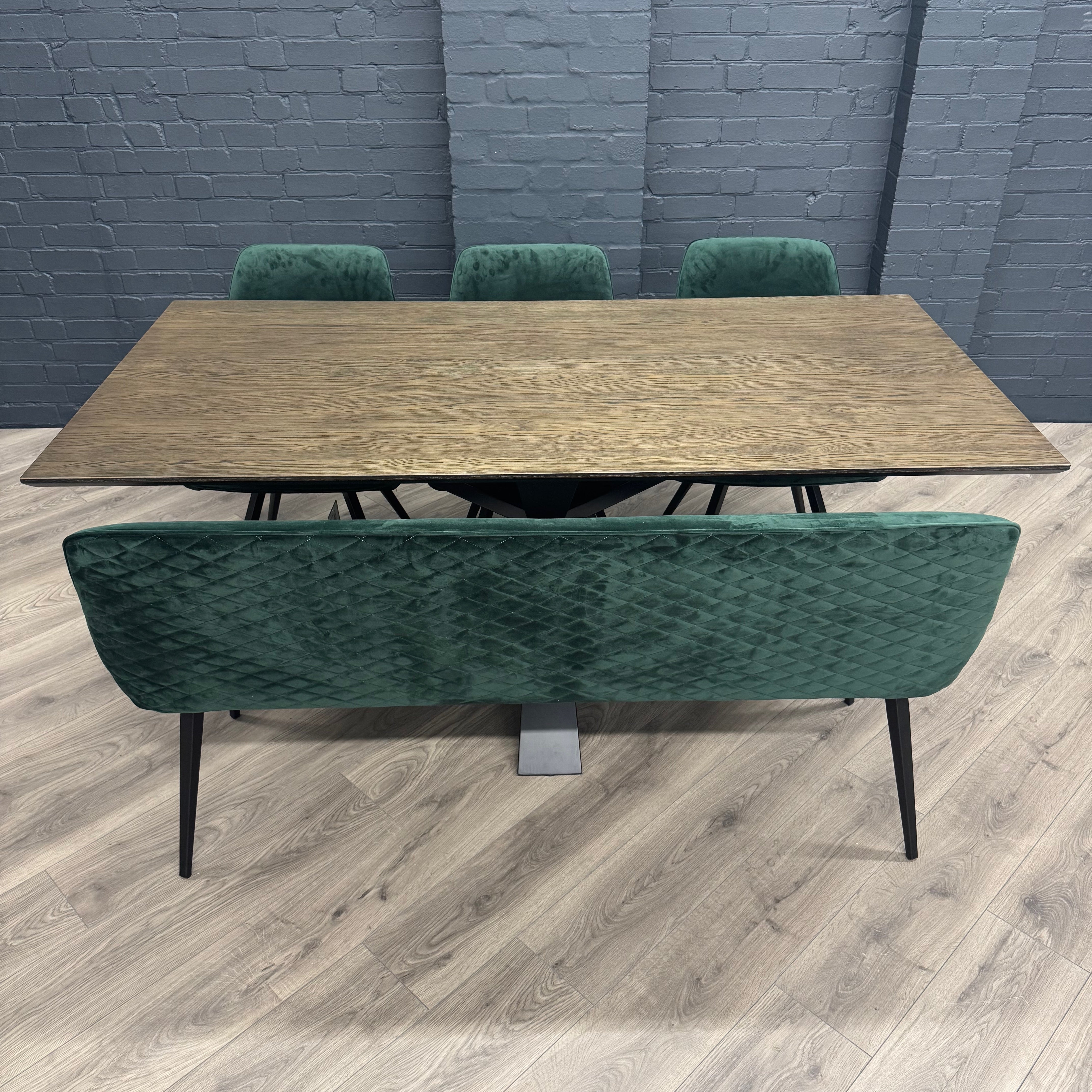 Stamford Dining Table With Metal Base - 180cm Fixed Top PLUS X1 Stamford Green Velvet Bench & X3 Stamford Green Velvet Dining Chair