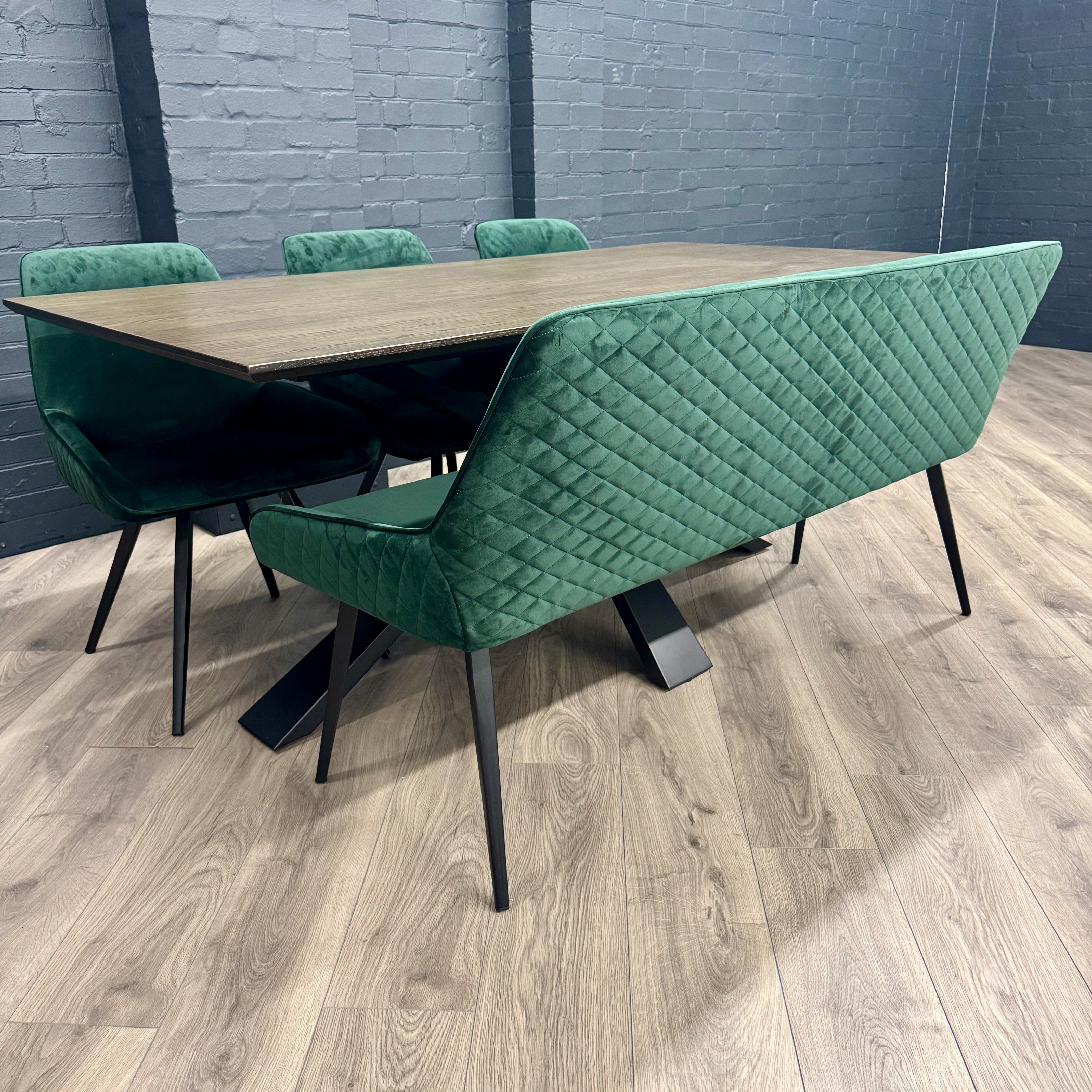 Stamford Dining Table With Metal Base - 180cm Fixed Top PLUS X1 Stamford Green Velvet Bench & X3 Stamford Green Velvet Dining Chair