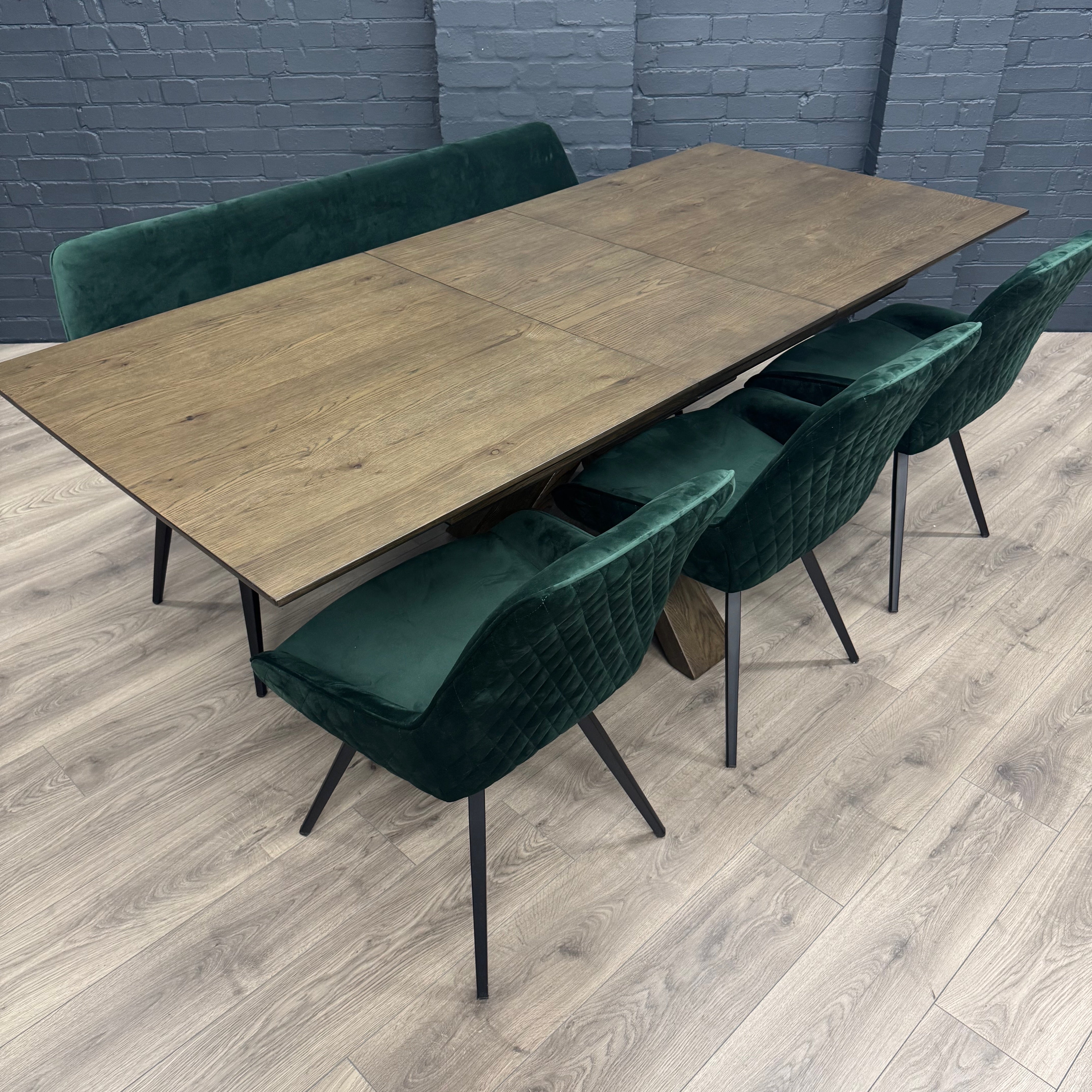 Stamford Oak Dining Table with Cross Leg Wooden Base - 160cm Extending Table PLUS X1 Stamford Green Velvet Bench & X3 Stamford Green Velvet Dining Chair