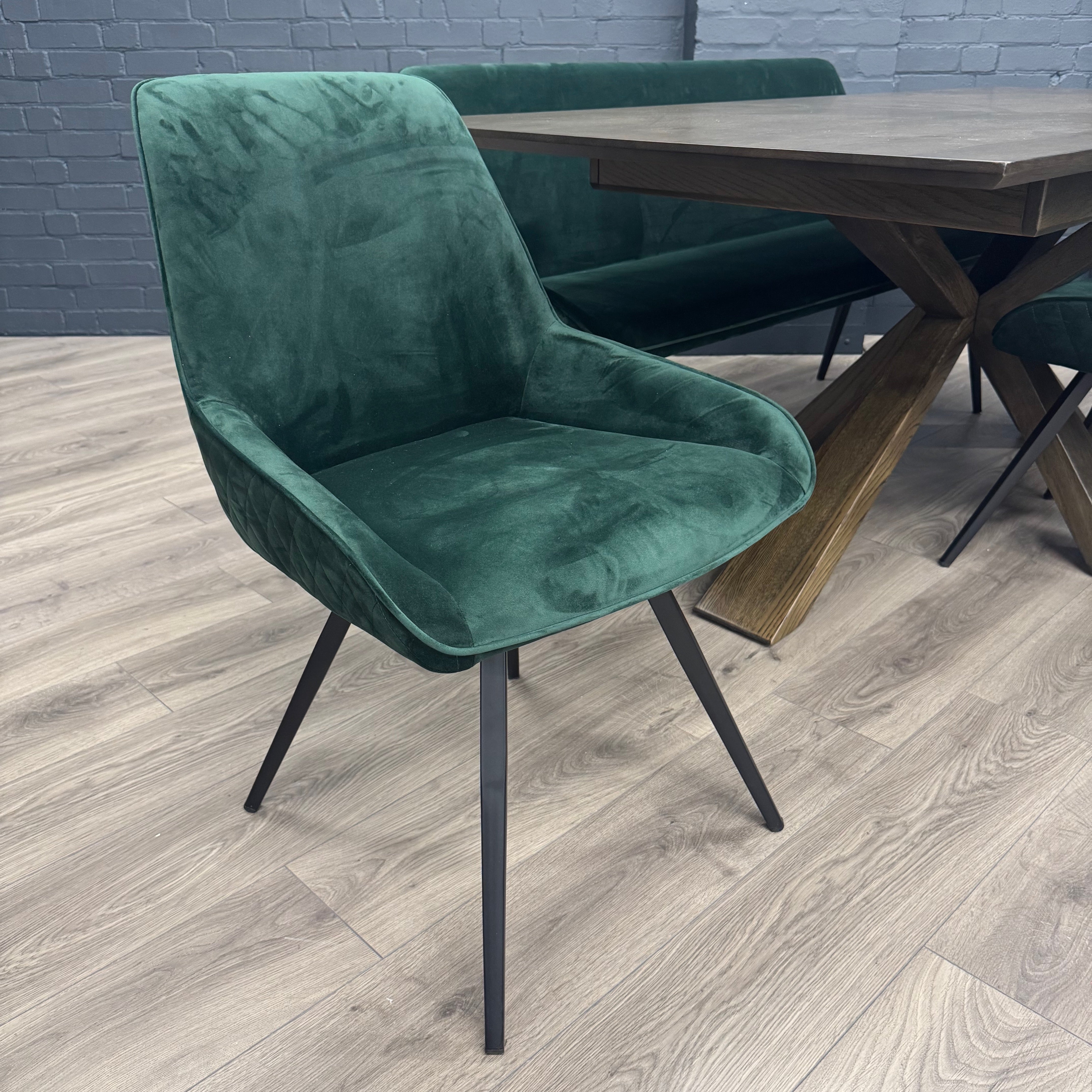 Stamford Oak Dining Table with Cross Leg Wooden Base - 160cm Extending Table PLUS X1 Stamford Green Velvet Bench & X3 Stamford Green Velvet Dining Chair