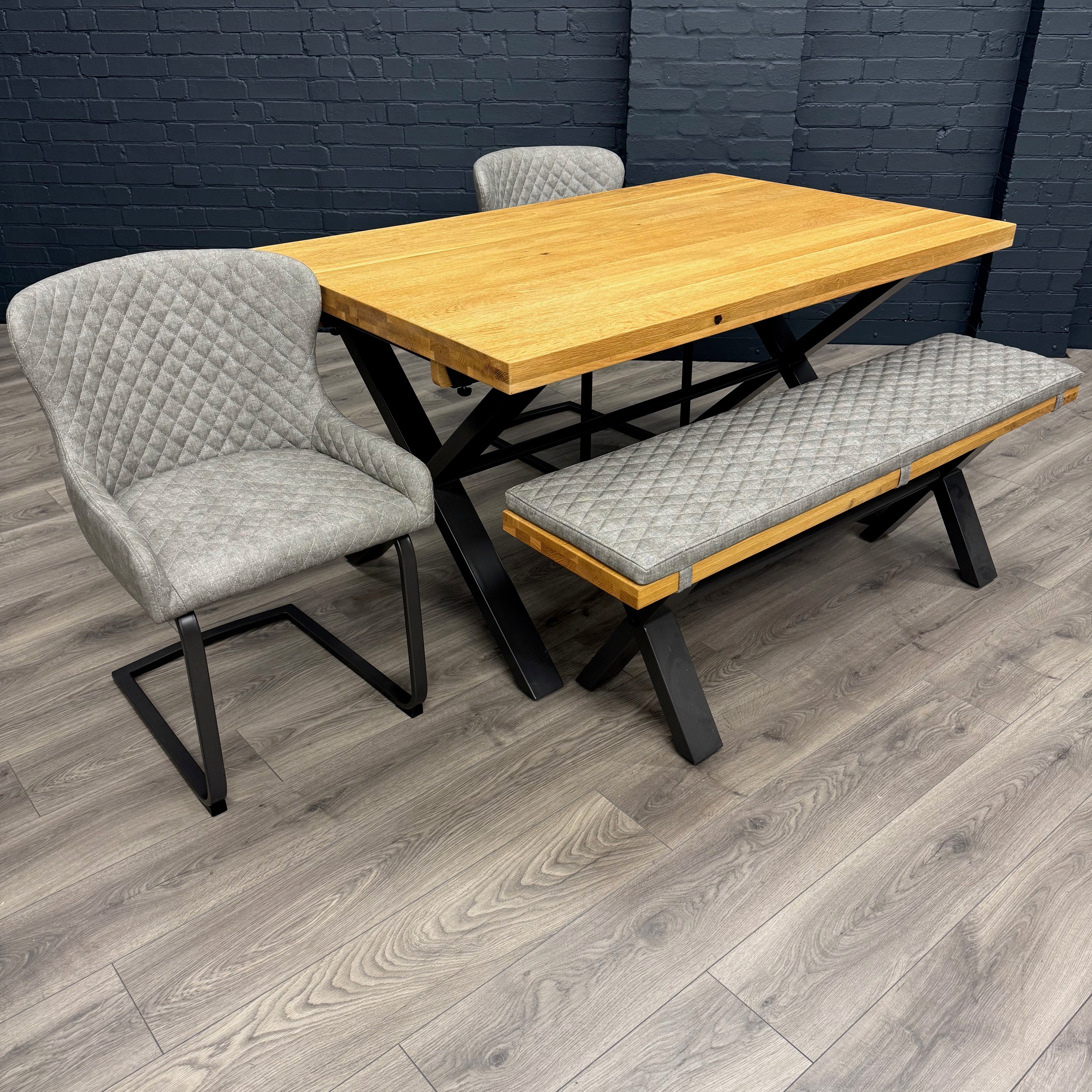 Fusion Oak Small Dining Table & Bench PLUS X2 Fusion Platinum Cantilever Dining Chairs