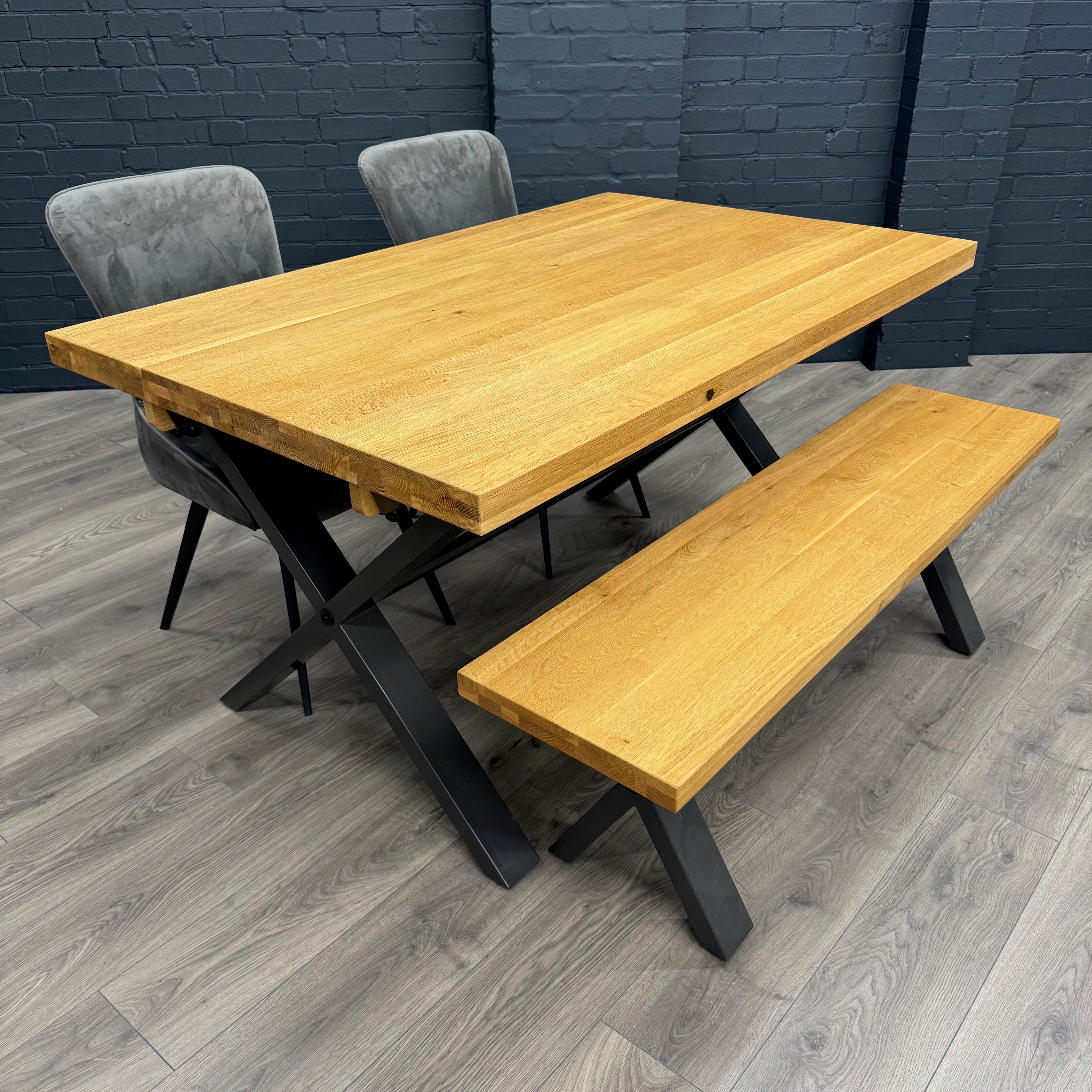 Fusion Oak Small Dining Table & Bench PLUS X2 Austin Dining Grey Velvet Chair