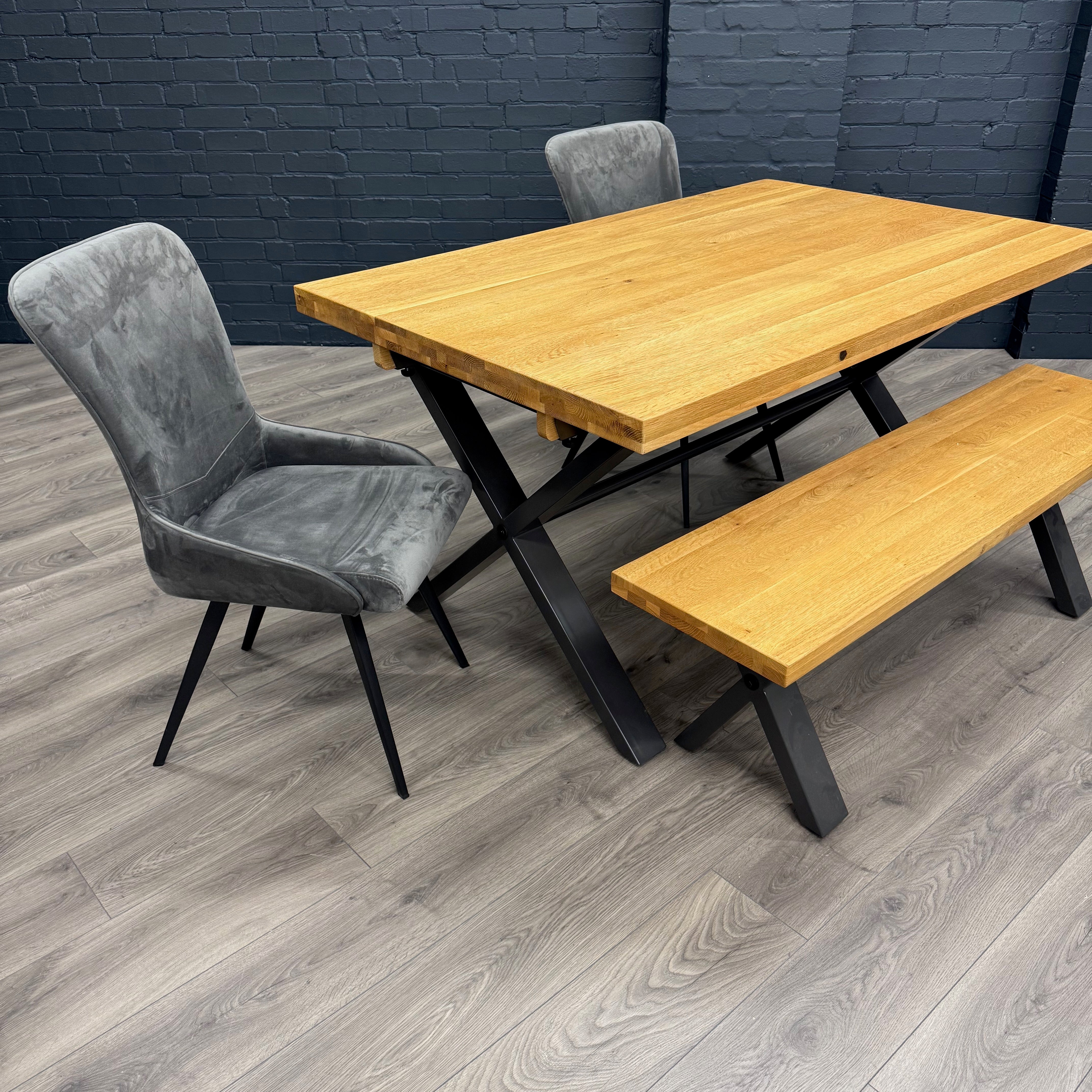 Fusion Oak Small Dining Table & Bench PLUS X2 Austin Dining Grey Velvet Chair