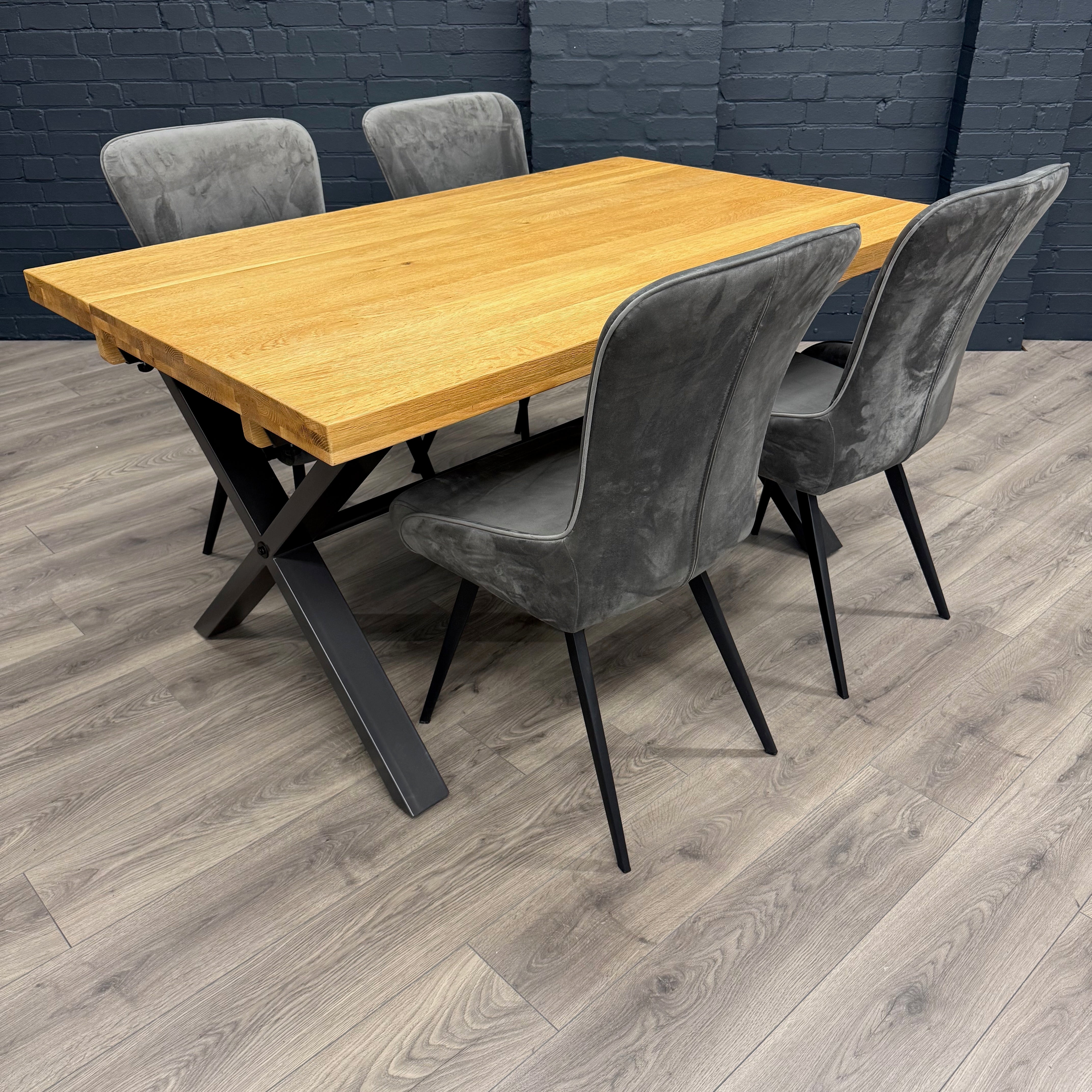 Fusion Oak Small Dining Table PLUS X4 Austin Dining Grey Velvet Chairs