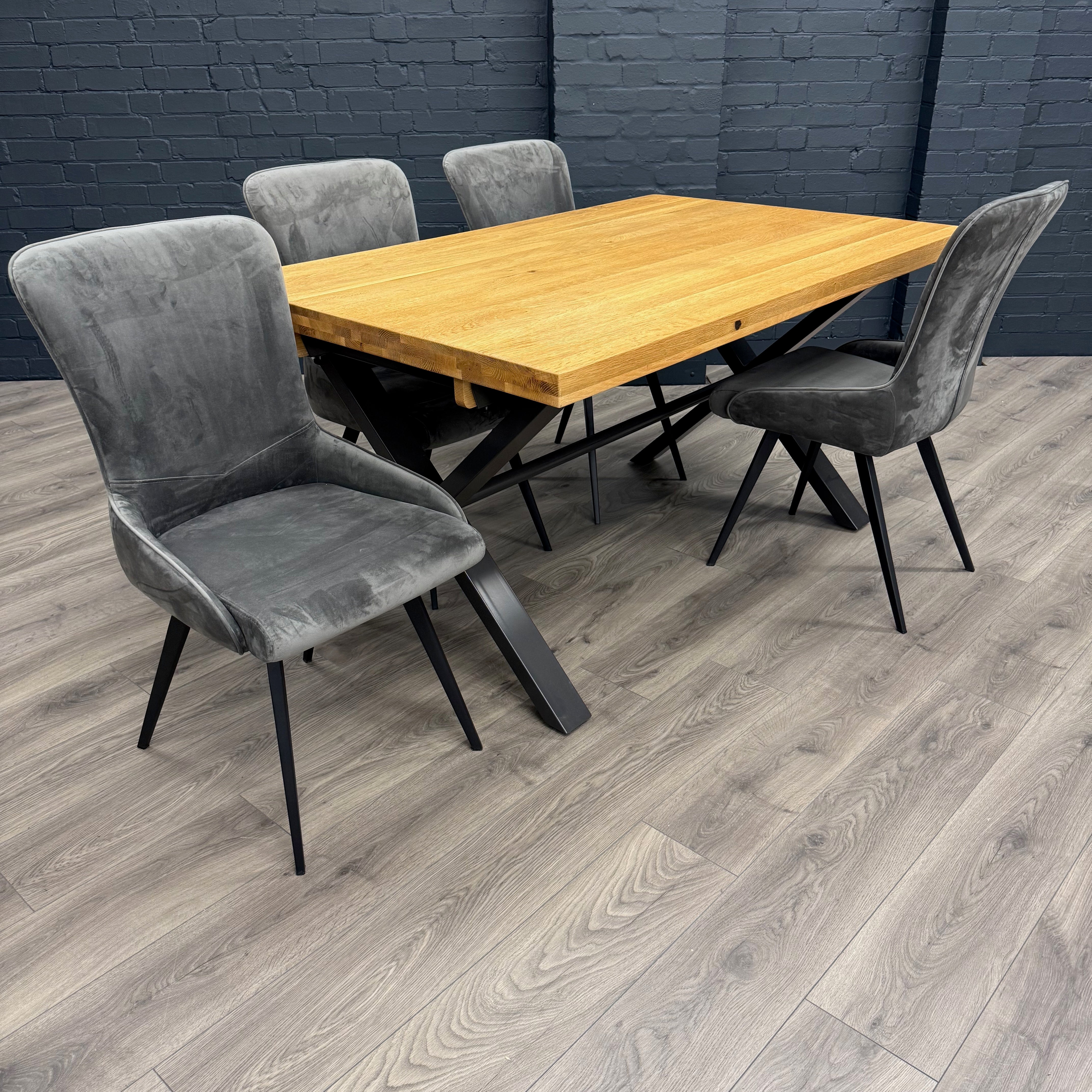 Fusion Oak Small Dining Table PLUS X4 Austin Dining Grey Velvet Chairs