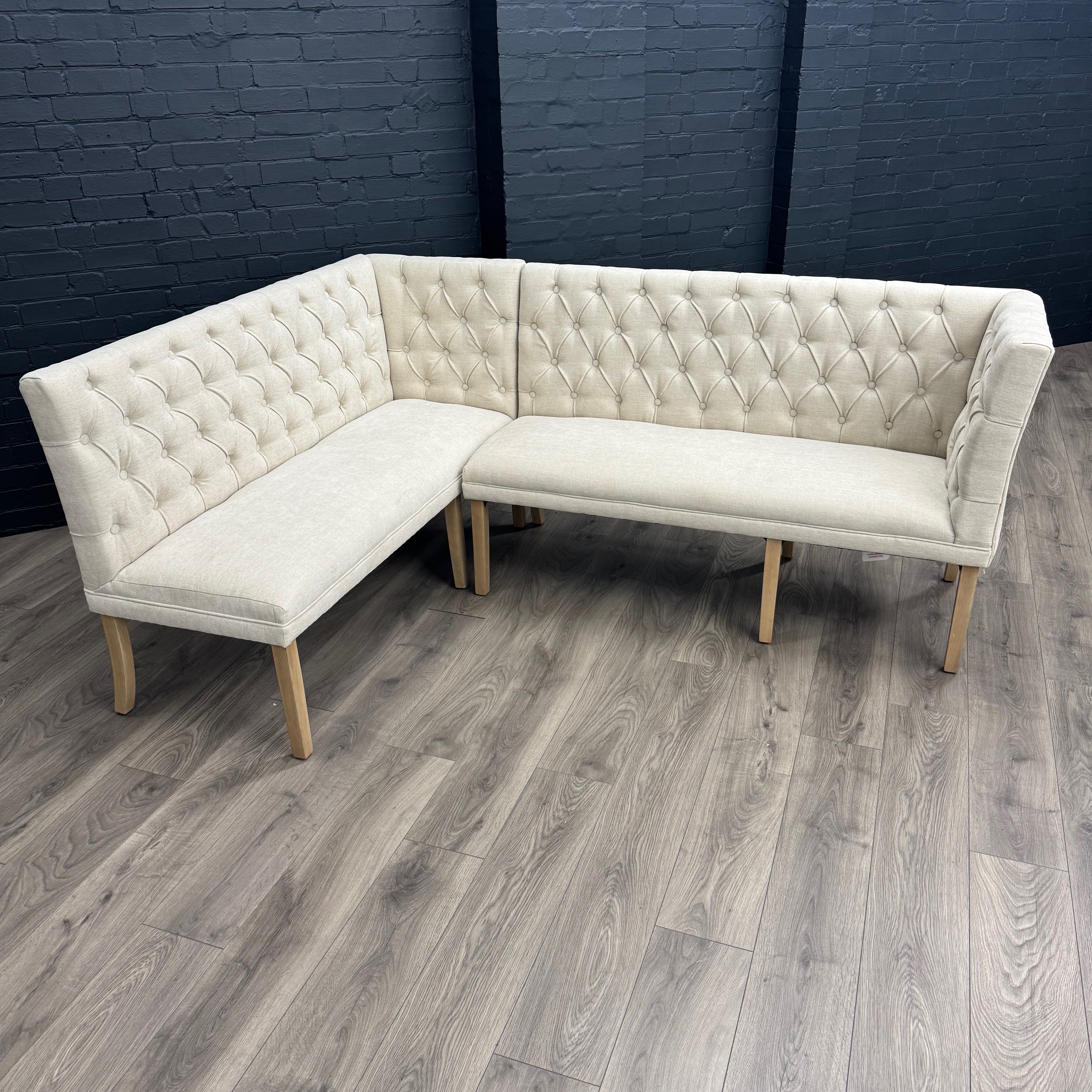 Montgomery Natural Corner Dining Bench Set with Backs, PLUS Earlham Grey Fixed Dining Table with Oak Top - Right Hand Facing
