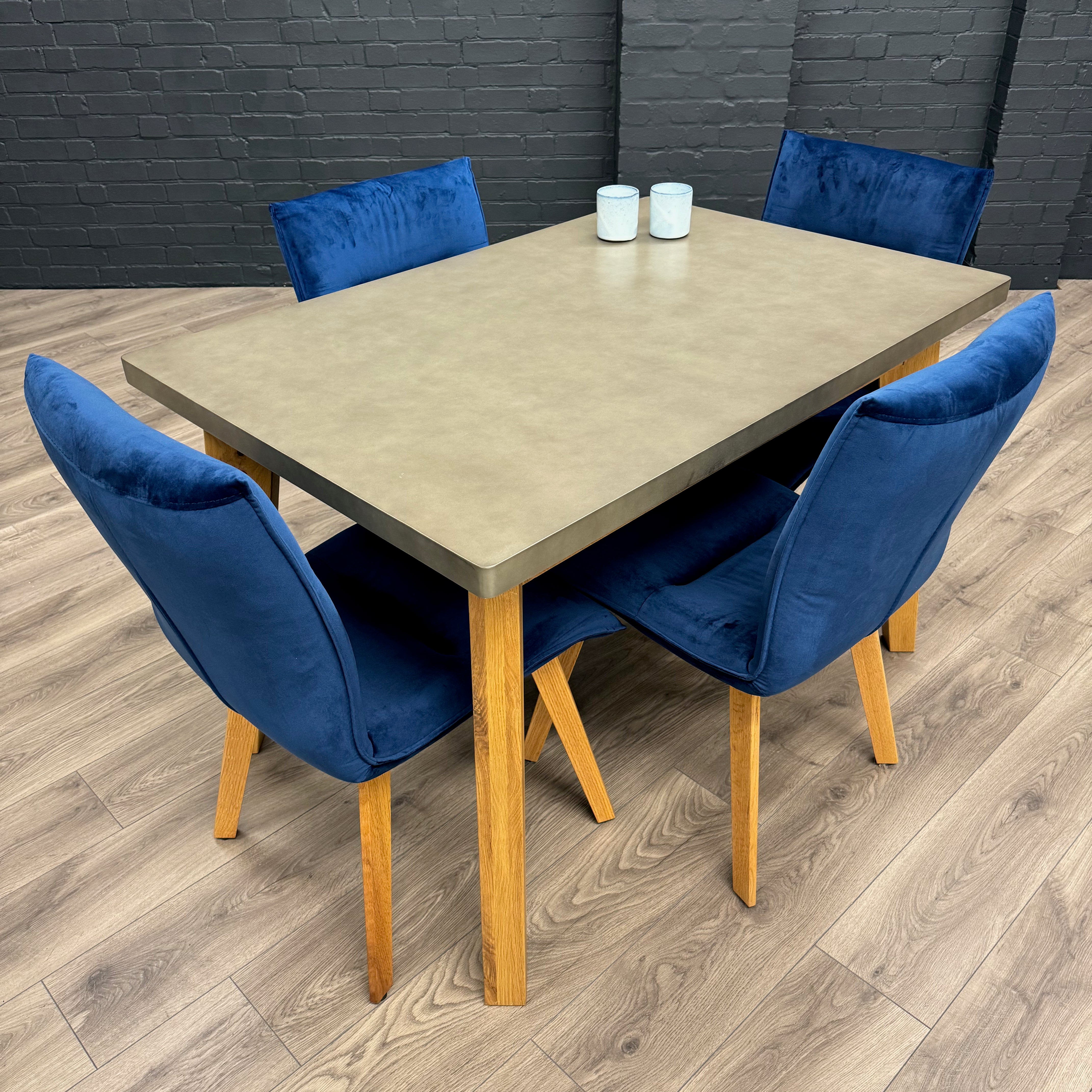 Solid Oak & Concrete - 1.2m Table, PLUS 4x Luxury Blue Chairs