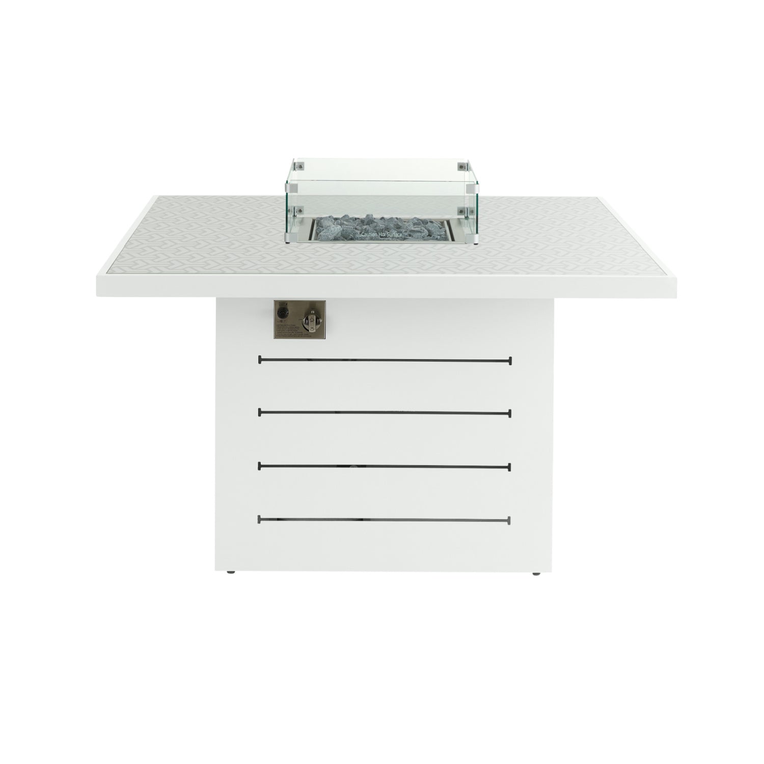 Mambo Santorini Garden Furniture - XL, Aluminium Square Dining Table With Firepit - White with Patterned Top