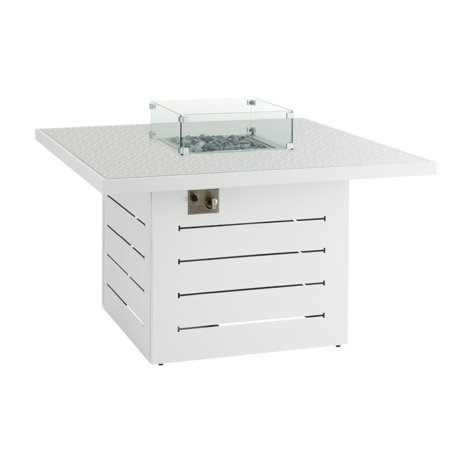 Mambo Santorini Garden Furniture - XL, Aluminium Square Dining Table With Firepit - White with Patterned Top