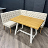 Montgomery Corner Dining Bench Set with Backs, PLUS Earlham Fixed Dining Table in White with Oak Top - Right Hand Facing