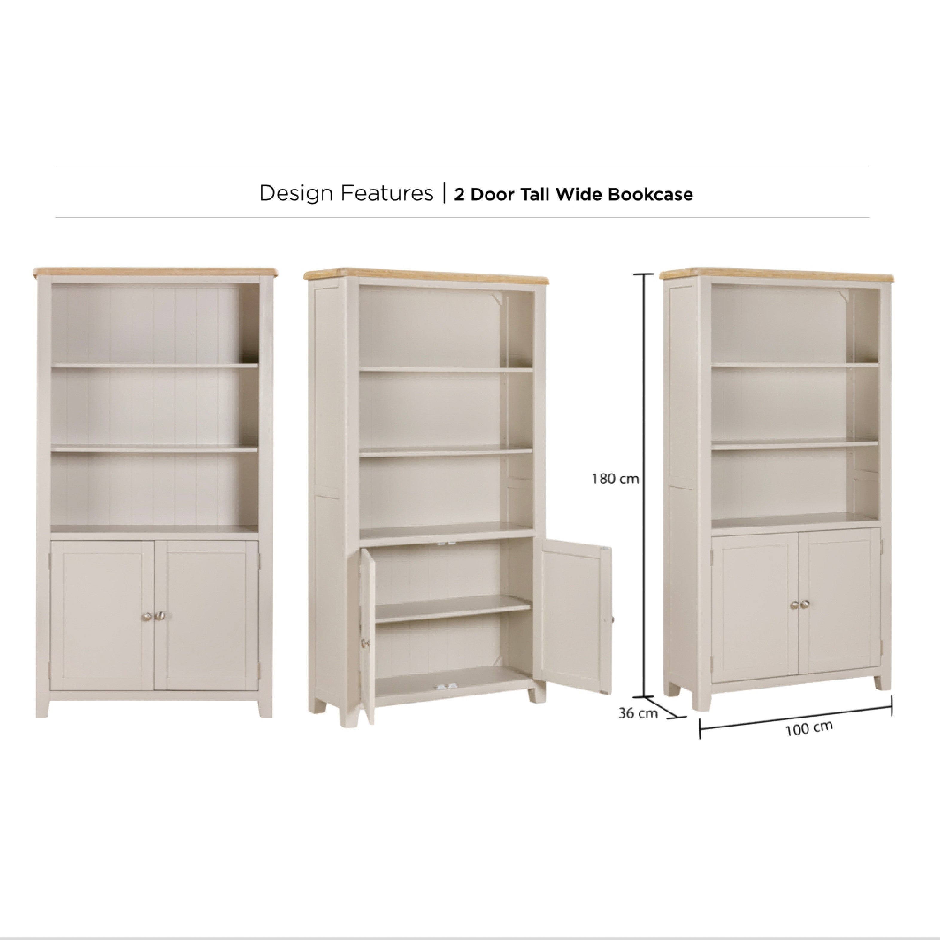 Windermere Oyster Grey Painted & Oak Bookcase - 2 Door Tall Wide