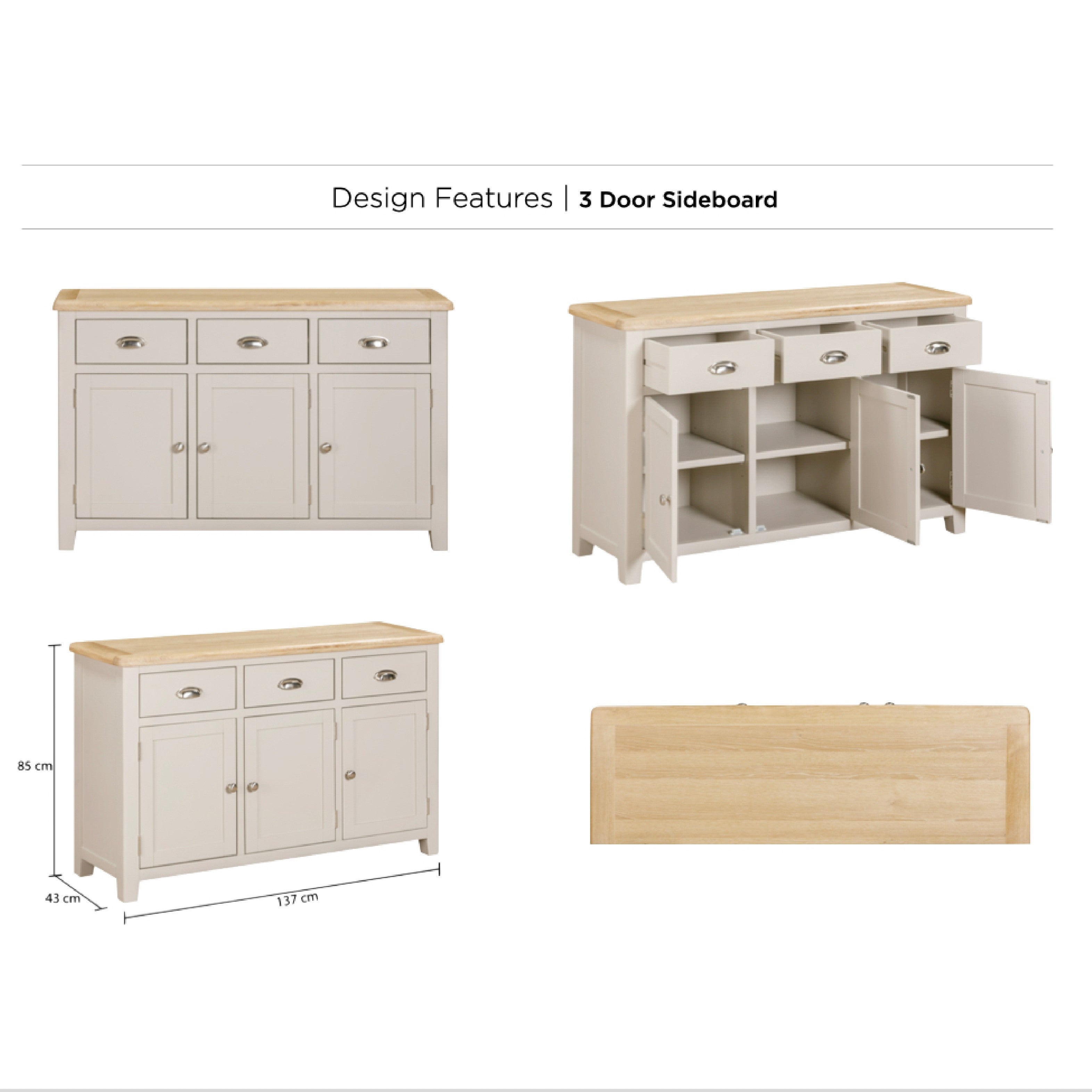 Windermere Oyster Grey Painted & Oak Sideboard - 3 Door