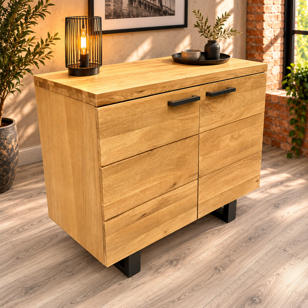 Elevated view of the compact Fusion Oak 2 Door Sideboard showing its oak top, grooved doors and metal base.