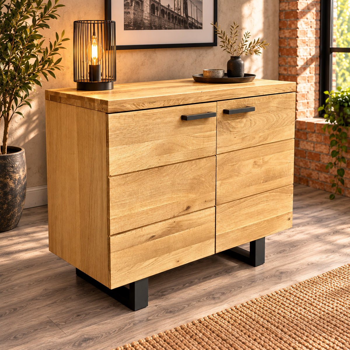 Fusion Oak 2 Door Sideboard FS2SB styled with a black metal lamp and dark tray in a warm industrial room.