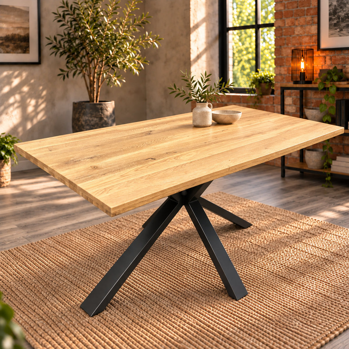 Elevated view of the Fusion oak compact dining table showing its rectangular top and central metal pedestal.
