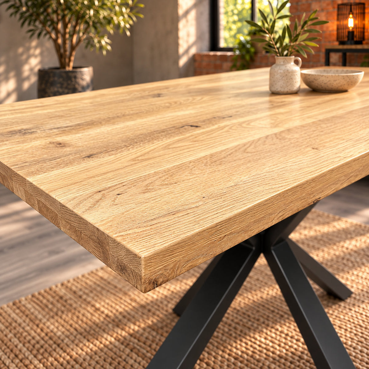 Corner detail of the Fusion oak compact dining table showing the textured top, softened corner and timber edge.