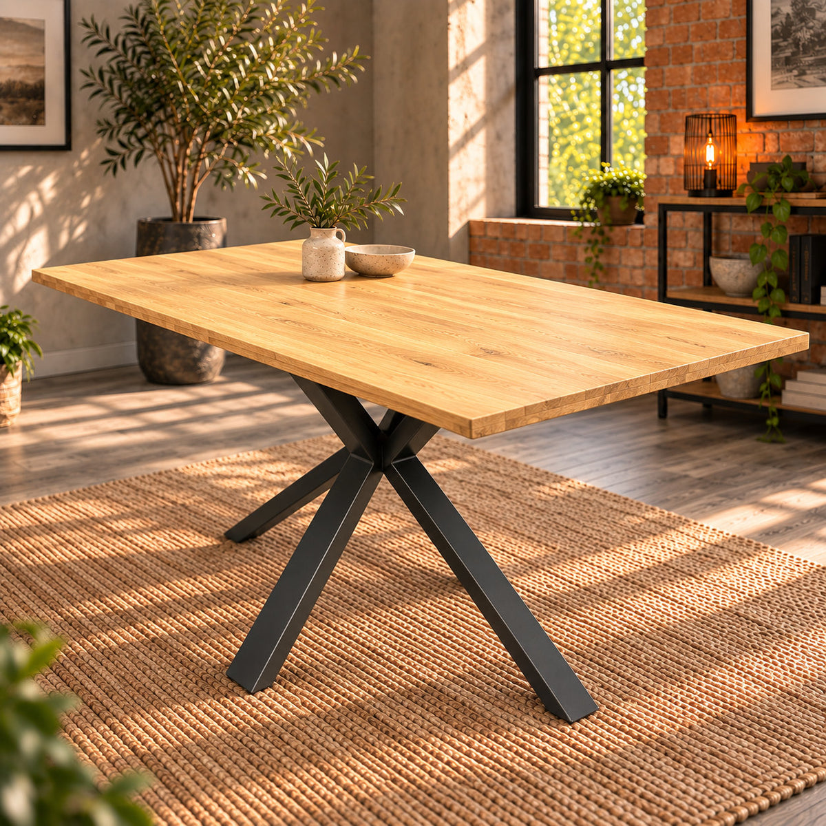 Fusion oak compact dining table viewed from the opposite corner, showing its oak surface and splayed metal feet.