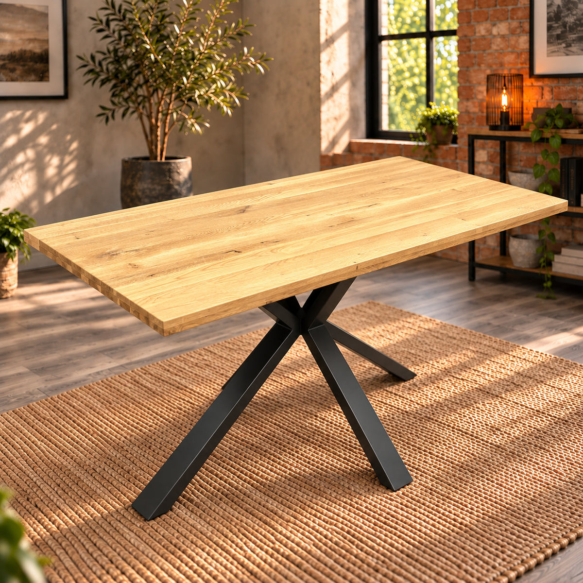 Fusion oak compact dining table with an unstyled sandblasted oak top and central metal pedestal in a sunlit room.