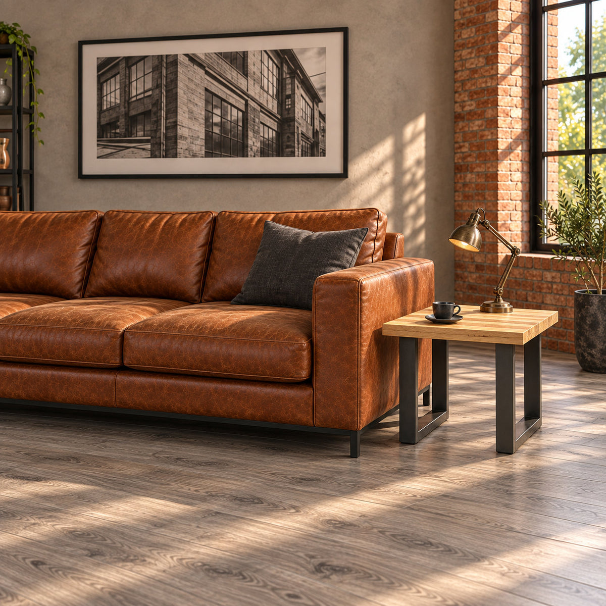 Fusion oak lamp table with a brass task lamp at the end of a cognac leather sofa in a warm industrial living room.