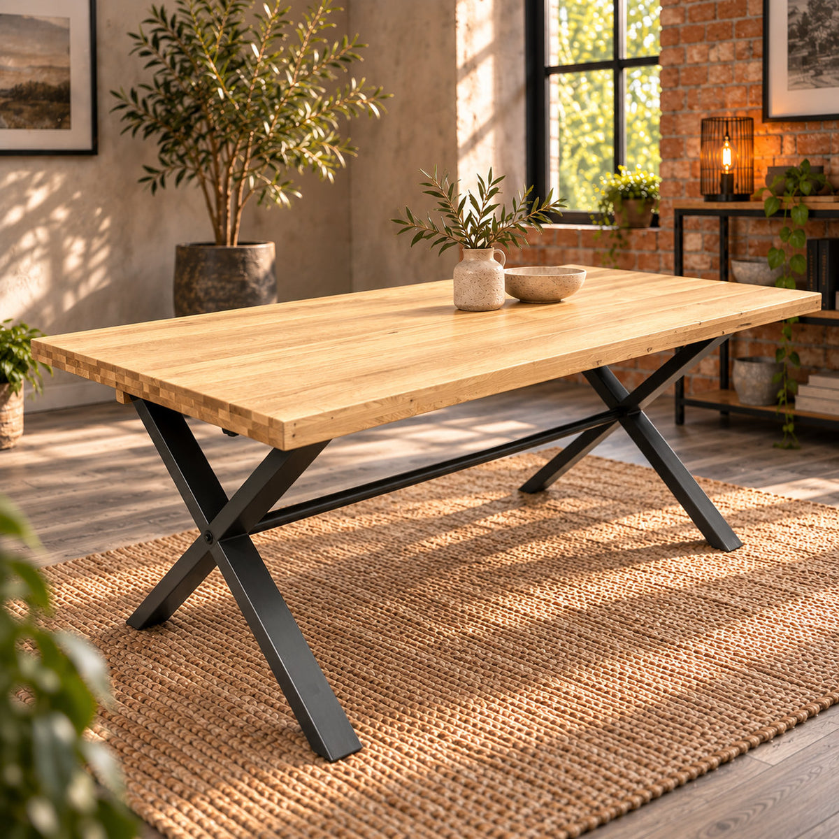 Fusion oak large dining table with a sandblasted oak top and charcoal cross legs in a warm industrial room.
