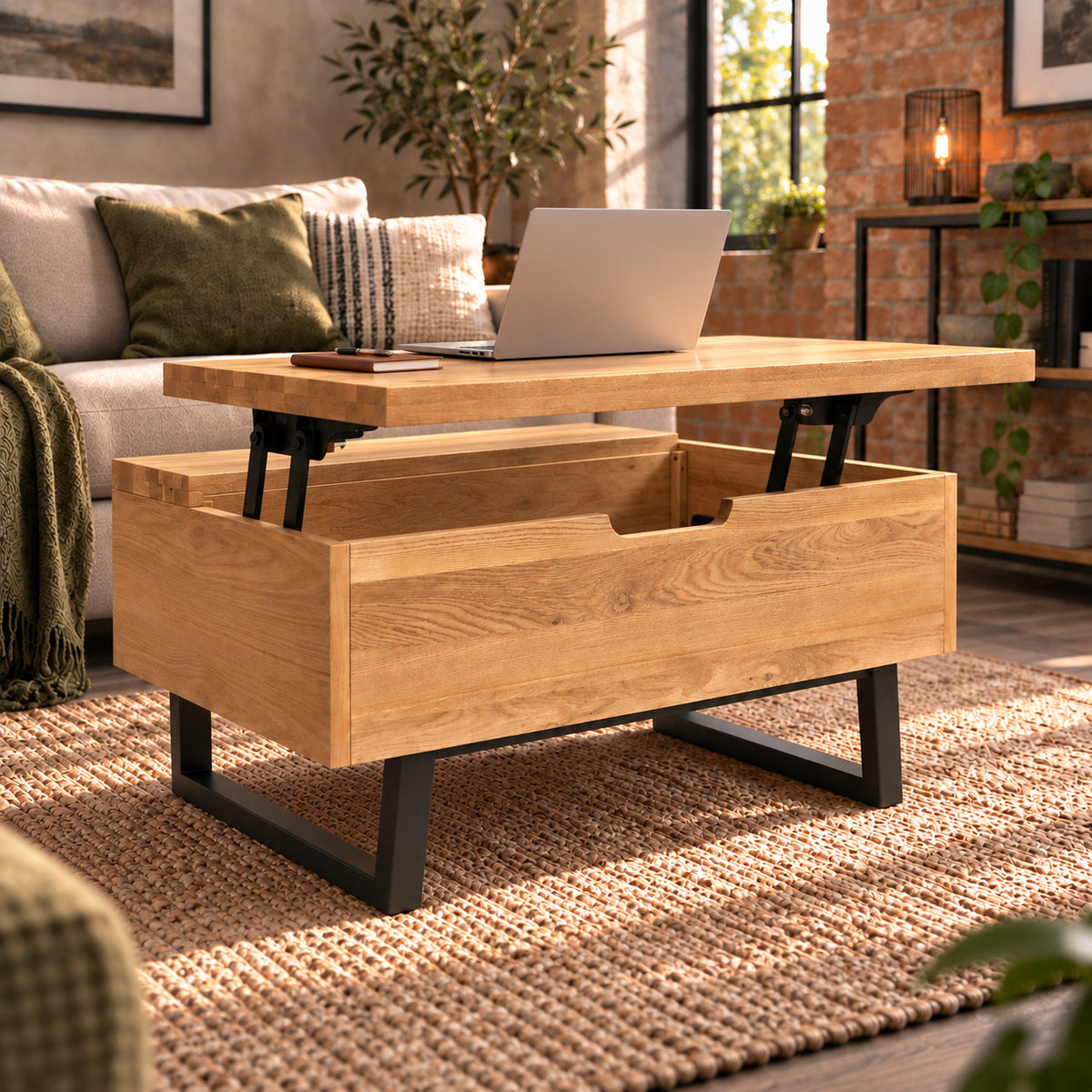 Laptop on the raised work surface of the Fusion oak lift-top coffee table. Product Code: FSLSCT from https://www.oakoutlet.co.uk/collections/fusion-oak-dining-furniture/products/fusion-oak-laptop-storage-coffee-table