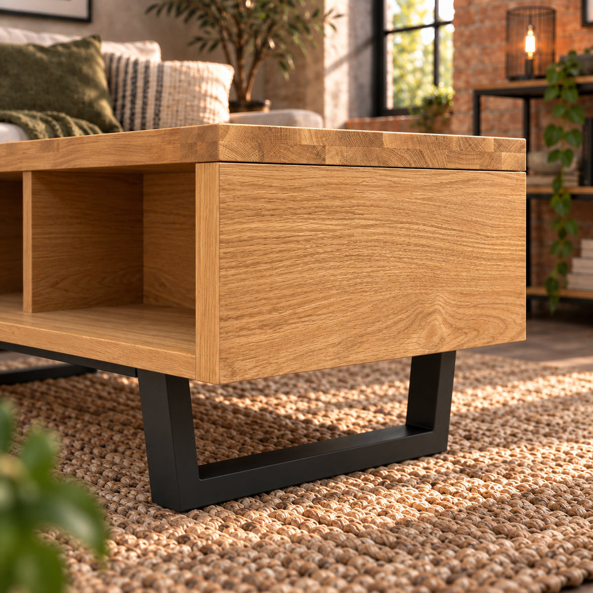 Close-up of the Fusion oak coffee table corner and black metal loop leg.
