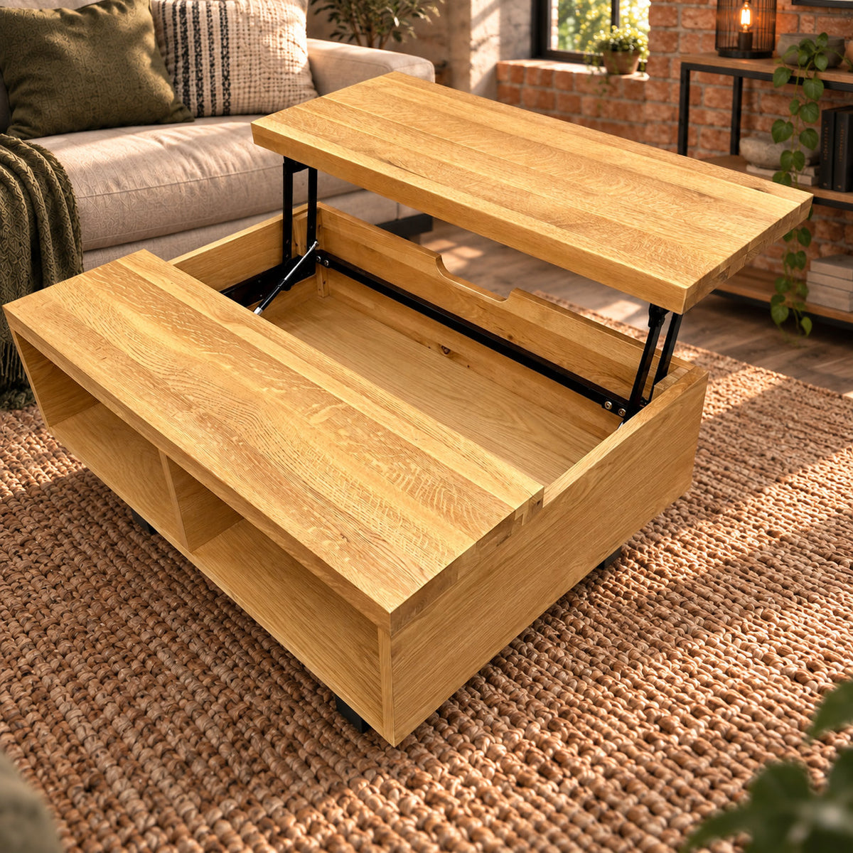 Close-up inside the Fusion oak coffee table showing the storage compartment and metal lift mechanism.