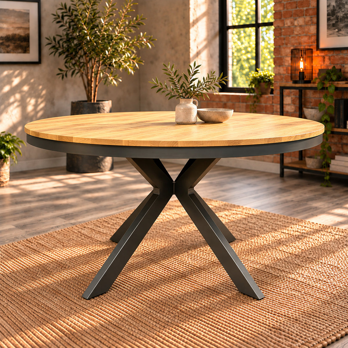 Front view of the Fusion round dining table showing the slim oak top, dark metal rim and crossed central legs.