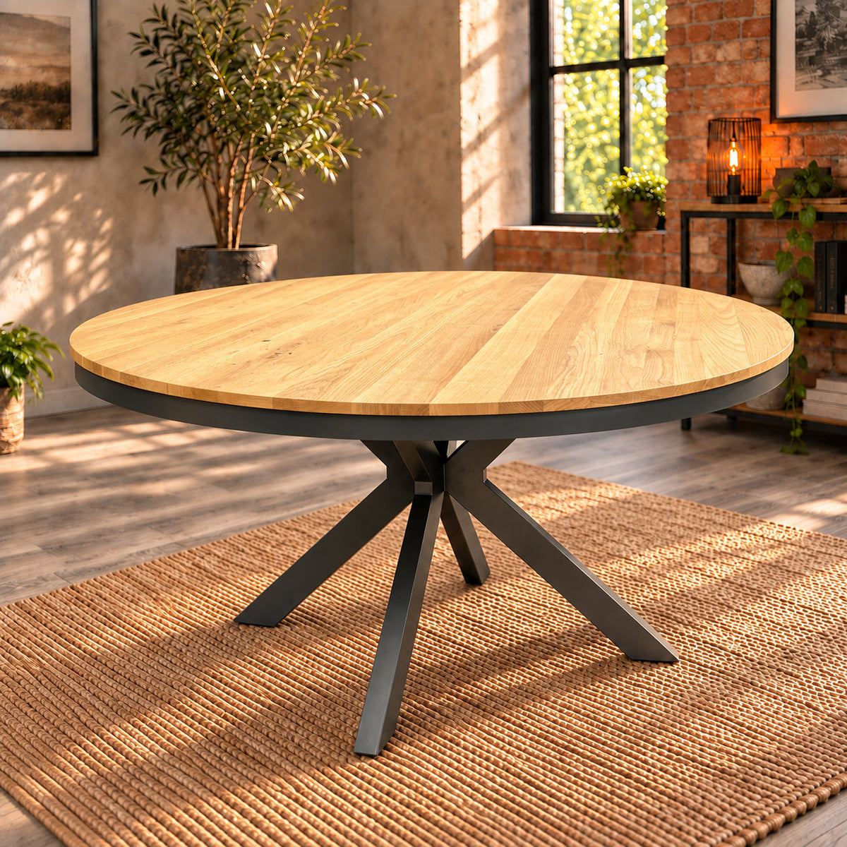Fusion round dining table with its oak top clear, showing the circular outline and charcoal metal base.