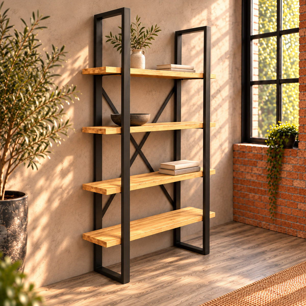 Fusion oak shelf unit with four shelves and charcoal metal frames, positioned against a warm plaster wall.