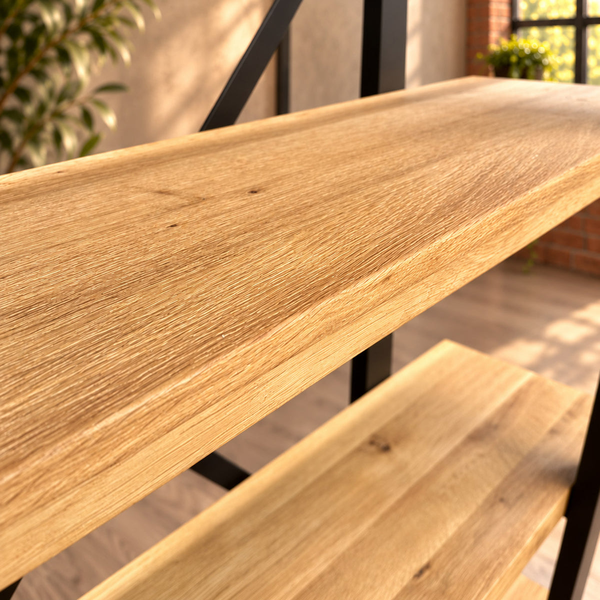 Close-up along a long sandblasted oak shelf, showing fine textured grain and the front edge.
