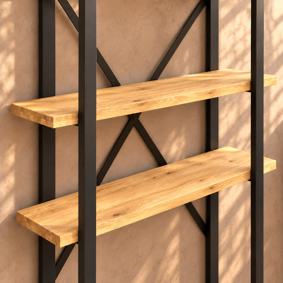 Two long oak shelves spanning the Fusion unit's charcoal side frames, with the rear X brace visible.