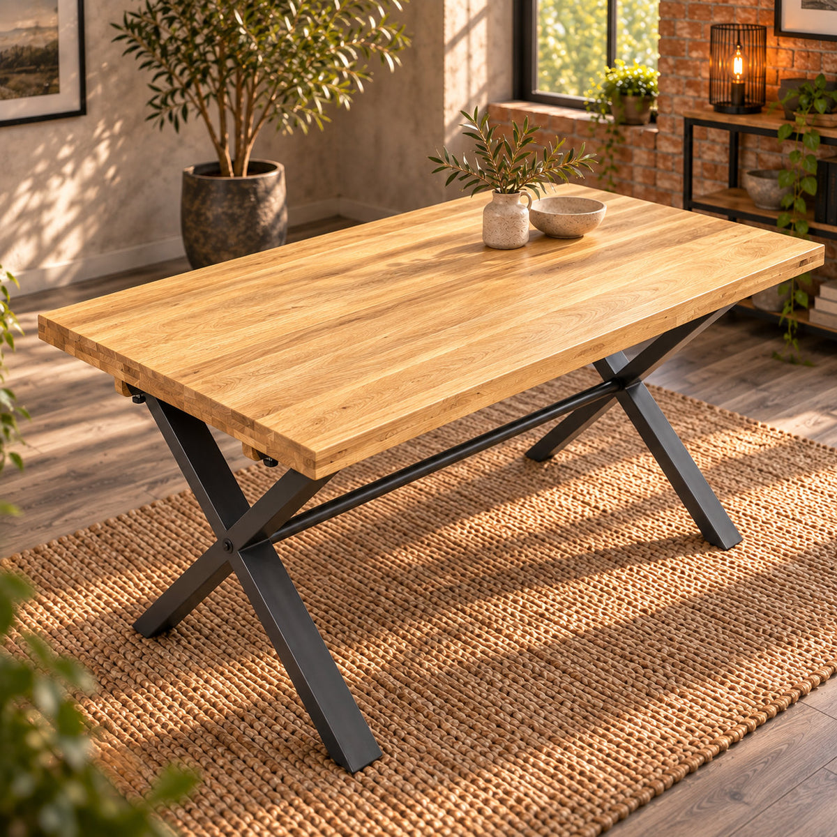Elevated view of the Fusion oak small dining table showing the broad oak surface and lengthwise wood grain.