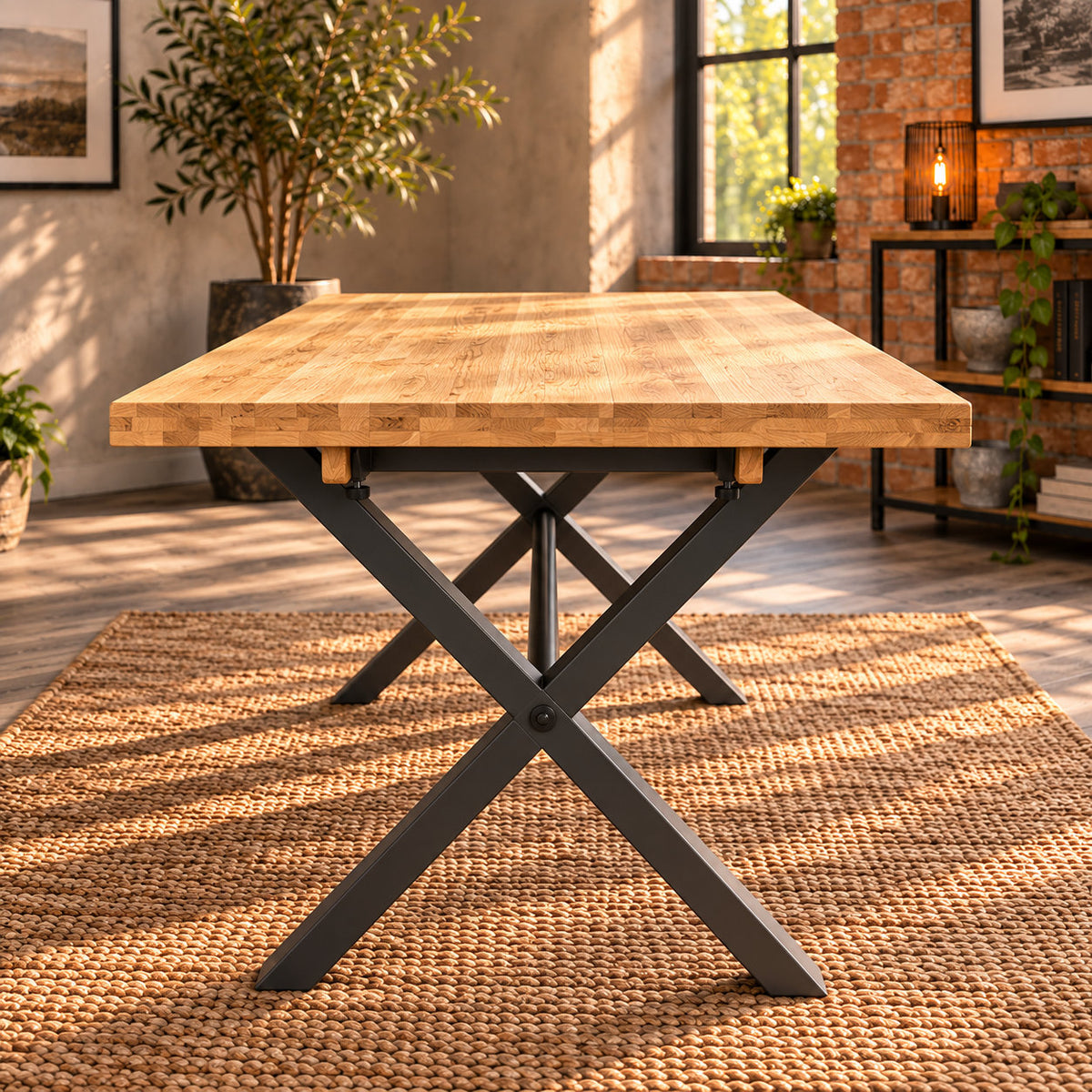 End view of the Fusion oak small dining table showing its rectangular oak top and charcoal metal cross-leg base.