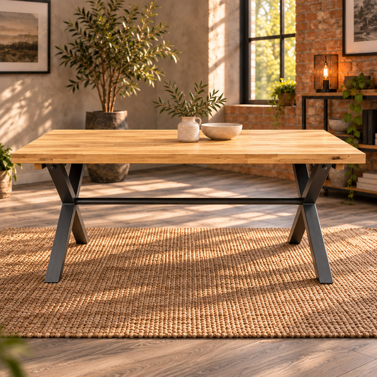 Long-side view of the Fusion oak small dining table with two charcoal cross-leg bases and a round connecting rail.