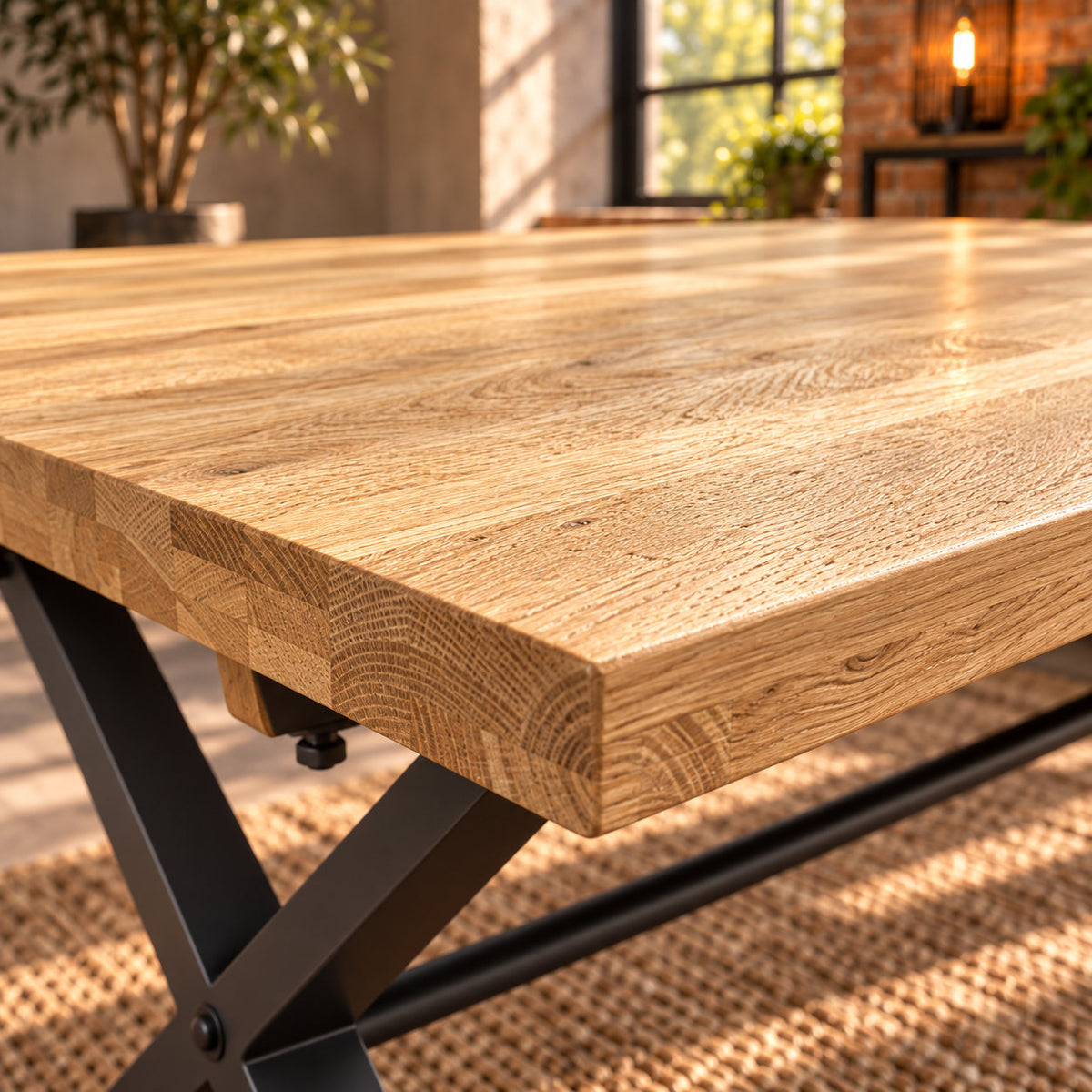 Corner detail of the Fusion oak small dining table showing the textured oak top and substantial timber edge.