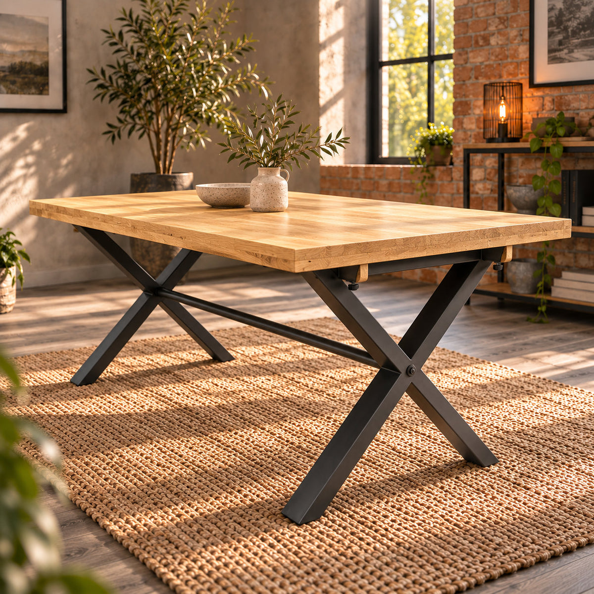 Fusion oak small dining table viewed from the opposite corner, showing the oak top and dark metal cross legs.